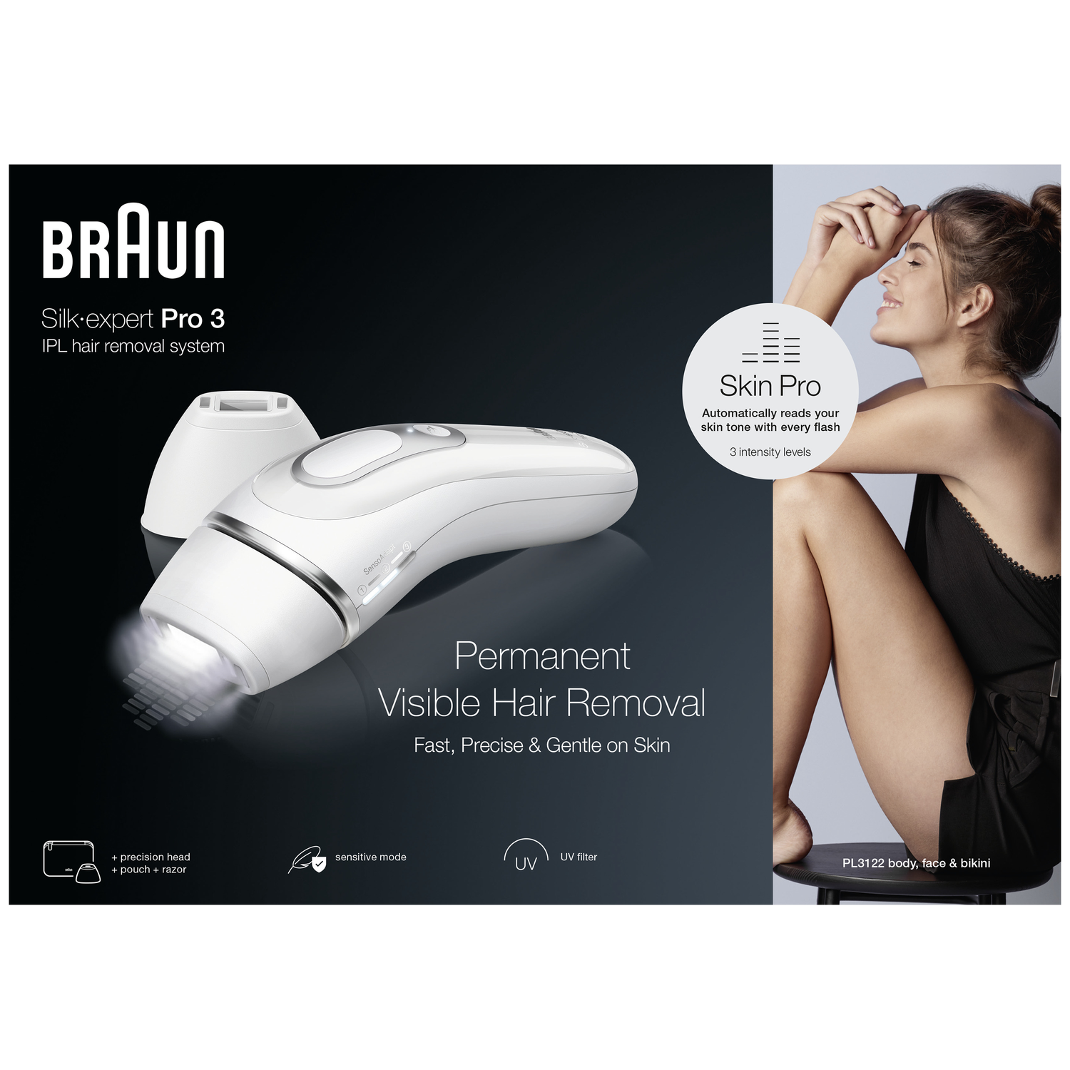 Afbeelding toont een Braun Silk-expert Pro 3 IPL ontharingssysteem. Een vrouw is rechts afgebeeld. Tekst benadrukt functies.