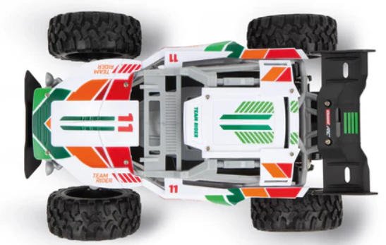 Draufsicht auf ein weißes, orangefarbenes und grünes RC-Auto mit schwarzen Rädern. Es hat die Worte 'Team Rider' und die Nummer 11.