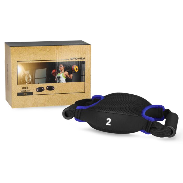 Czarny worek z piaskiem z niebieskim wykończeniem, oznaczony '2'. Obok pudełko ze zdjęciem kobiety podnoszącej ciężary.