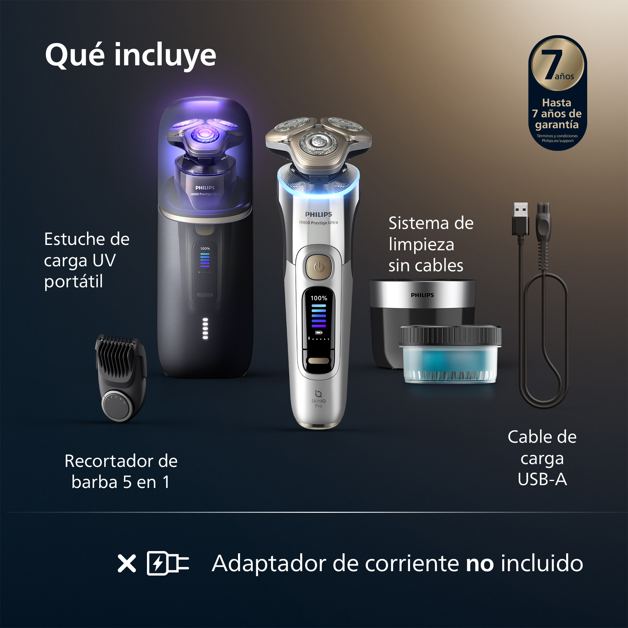La imagen muestra un juego de afeitadora Philips. Incluye afeitadora, estuche de carga UV, recortadora de barba, sistema de limpieza y cable USB-A.