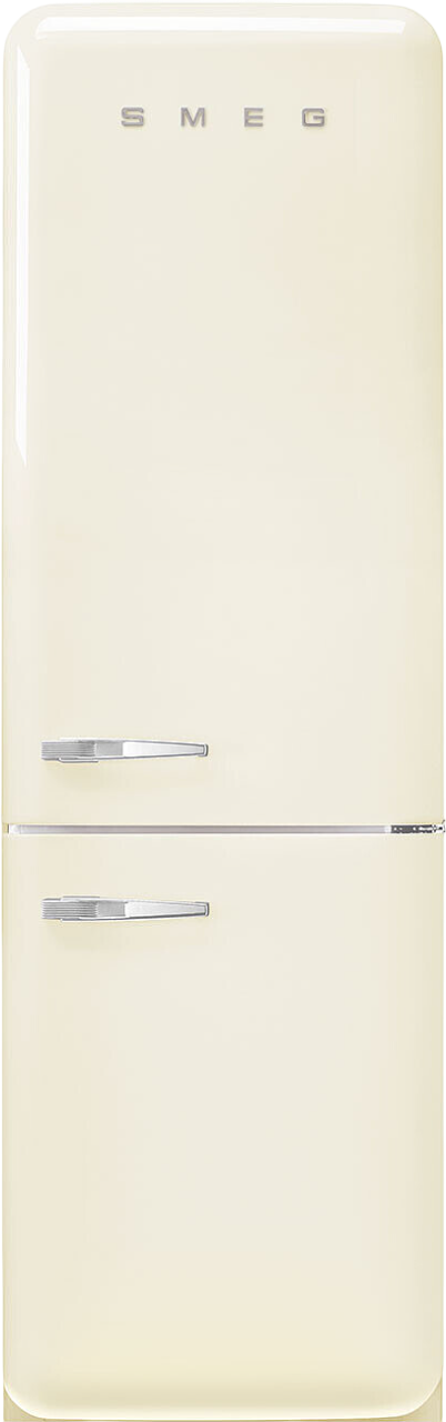 Ein cremefarbener Retro-Smeg-Kühlschrank mit zwei Türen und silbernen Griffen. Das Smeg-Logo befindet sich oben.