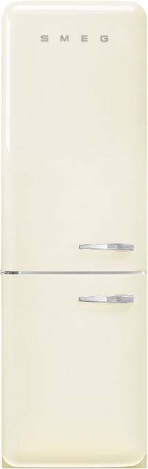 Ein cremefarbener SMEG-Kühlschrank mit zwei Türen und silbernen Griffen. Das SMEG-Logo befindet sich oben. Der Kühlschrank ist in gutem Zustand.