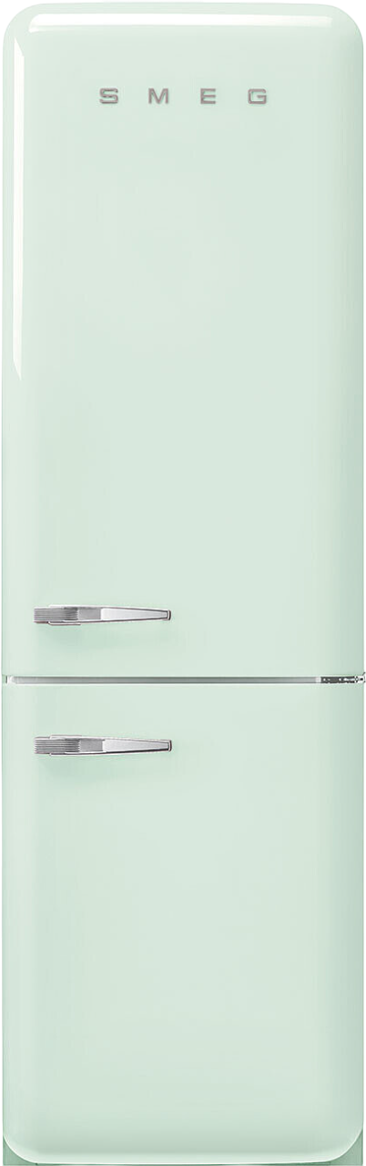 Ein mintgrüner Smeg-Kühlschrank. Er hat zwei Türen mit silbernen Griffen. Das Smeg-Logo befindet sich oben.