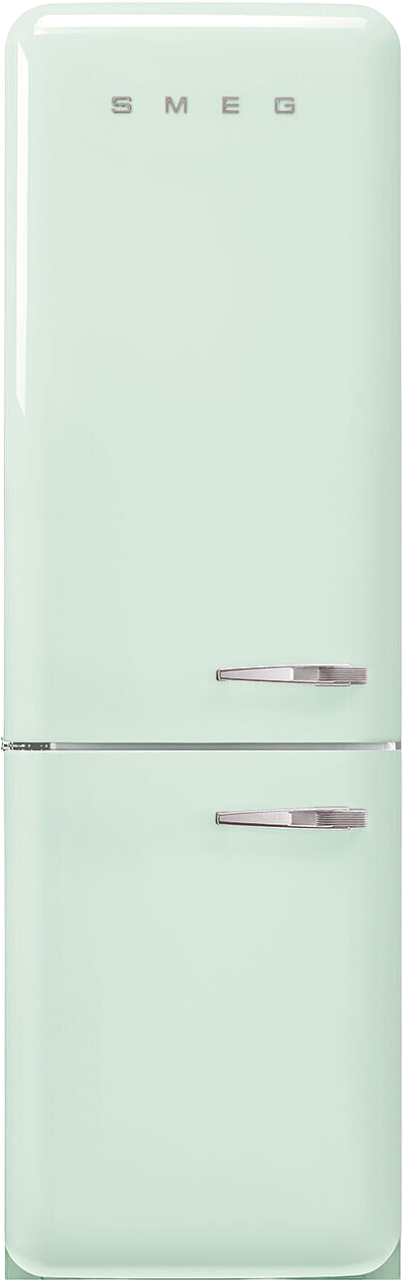 Ein mintgrüner Smeg-Kühlschrank. Er hat einen Chromgriff an beiden Türen. Das Wort SMEG steht oben.