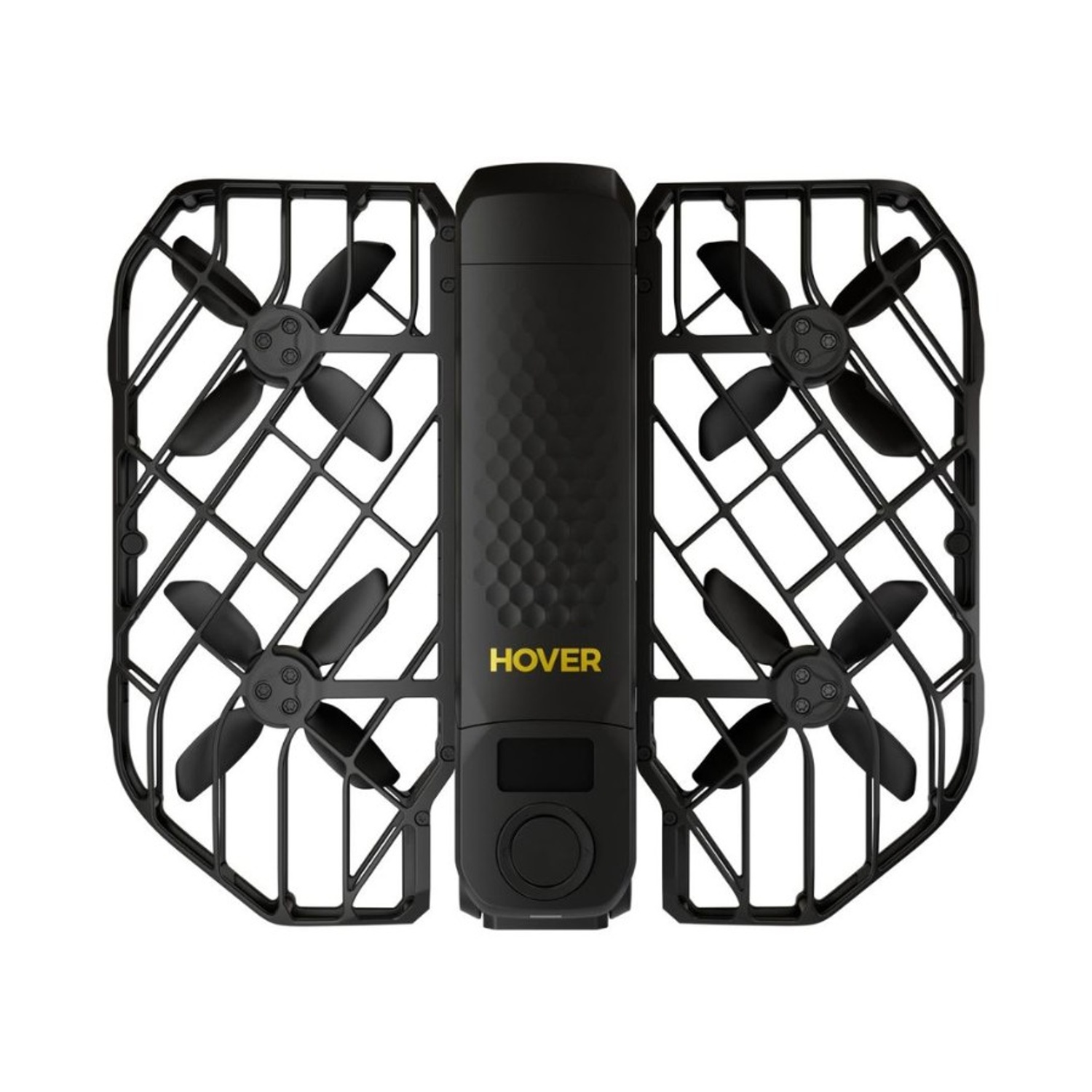 Drone nero con gabbie protettive ed eliche. Corpo centrale con testo "HOVER". Isolato su sfondo bianco.