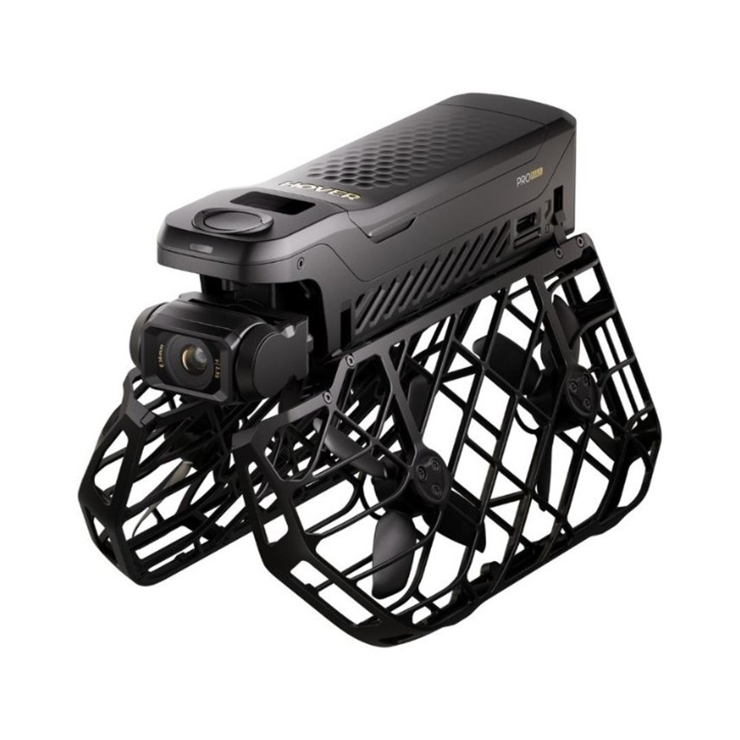 Un drone nero con una fotocamera. Ha una gabbia protettiva attorno alle eliche e un corpo nero.