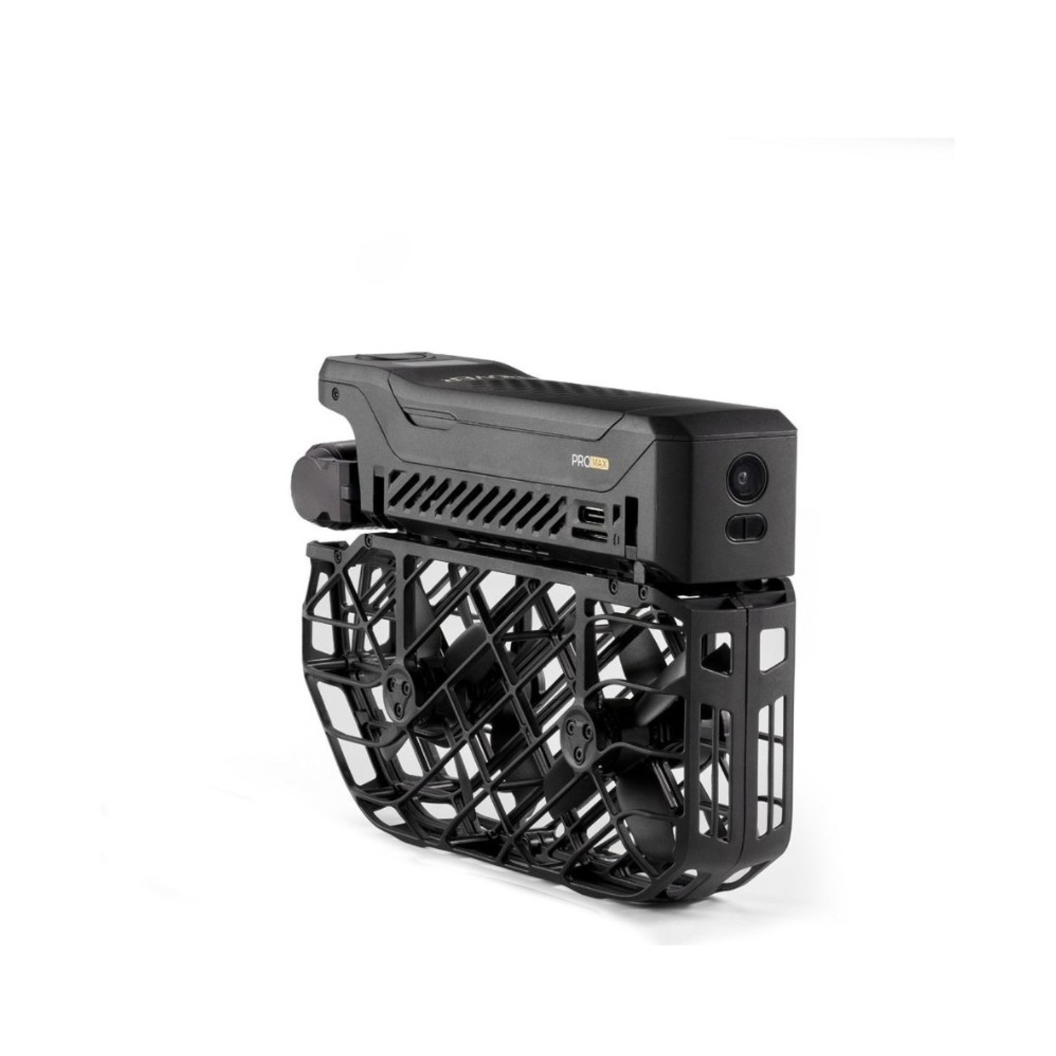 Un dispositivo nero simile a un drone con una struttura a gabbia nella parte inferiore. Il dispositivo ha una fotocamera e la scritta 'PROMAX'.
