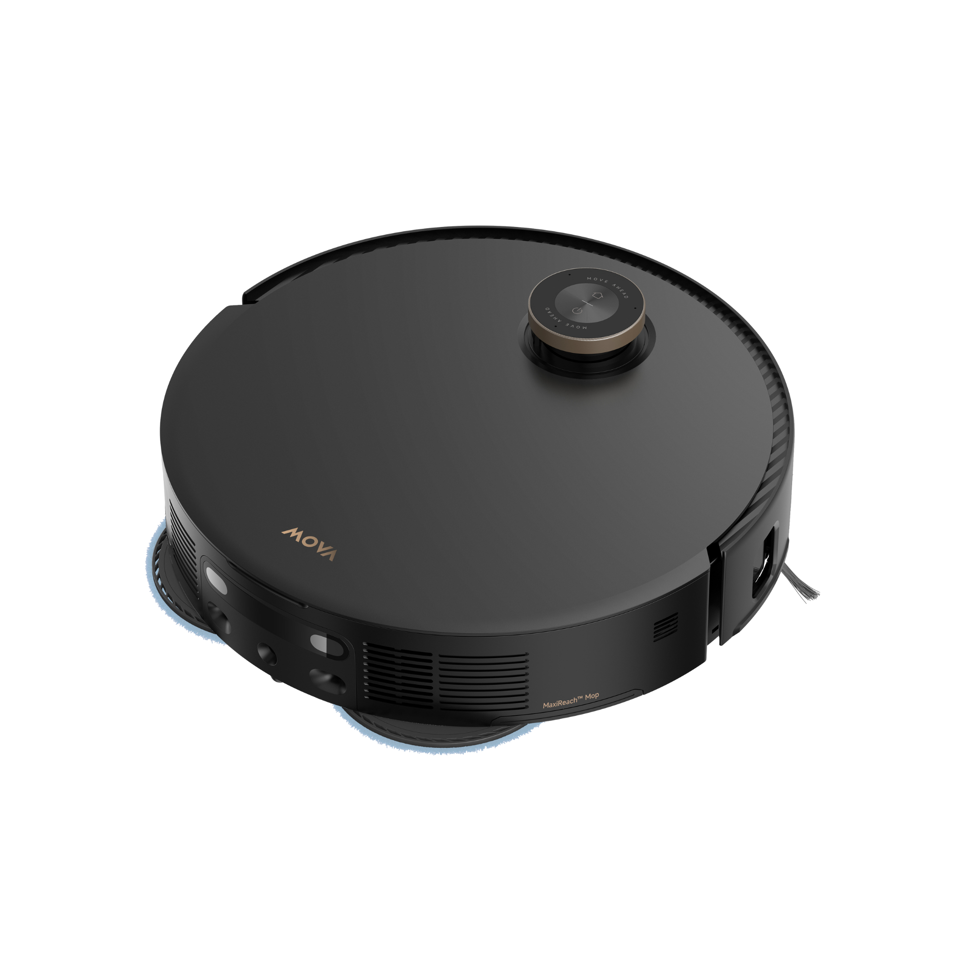 Schwarzer MOYA-Roboterstaubsauger auf weißem Grund. Er hat einen goldenen Deckel und einen blauen Wischaufsatz.