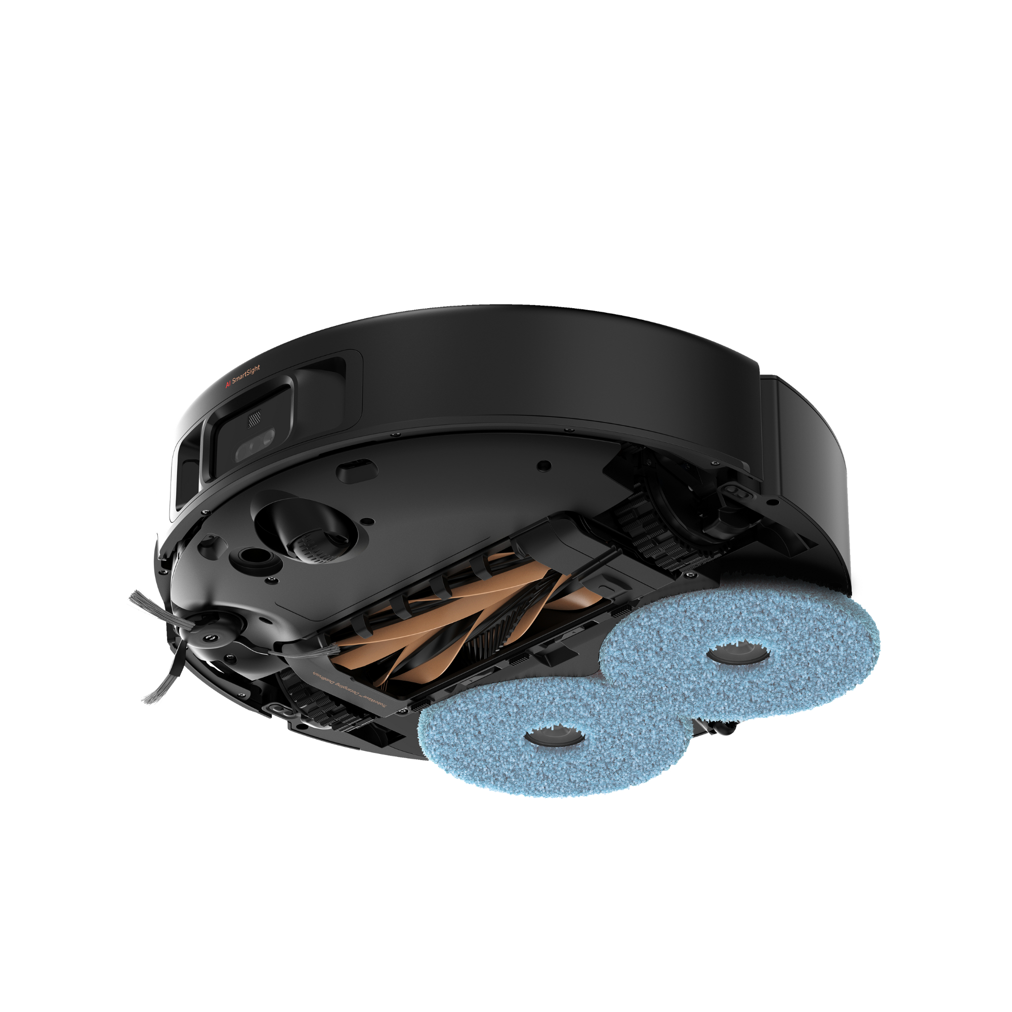 Schwarzer Roboter-Staubsauger mit zwei blauen Reinigungspads. Er hat eine Bürste und AI SmartSight Text.