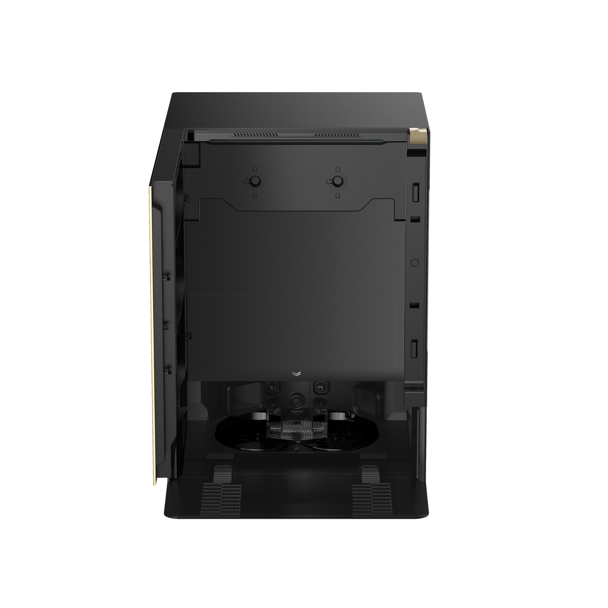 Schwarzes Computergehäuse, links geöffnet, mit goldenen Zierleisten und sichtbaren internen Komponenten.