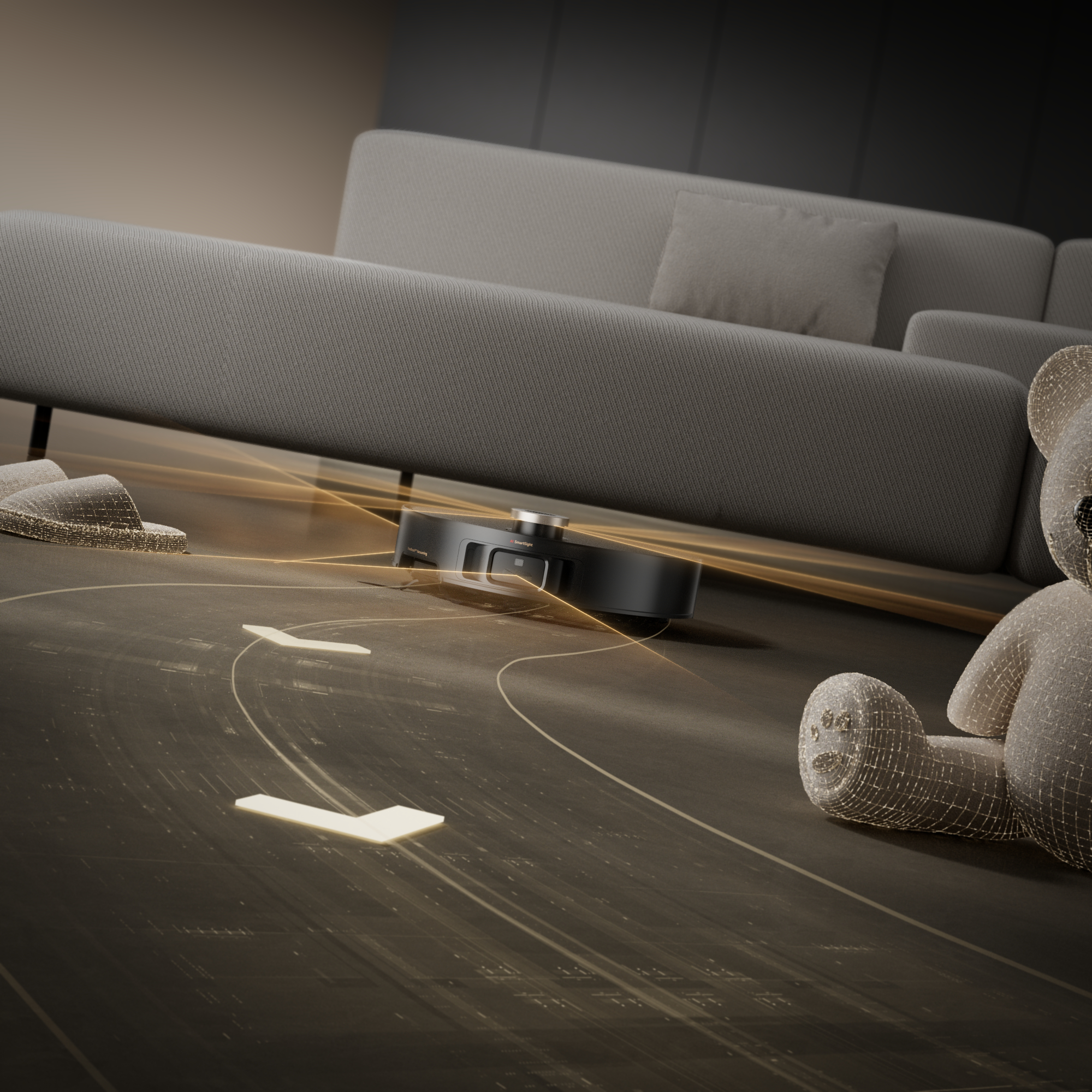 Ein Roboter-Staubsauger auf einem Holzboden mit Sofa, Hausschuhen und Teddybär im Hintergrund.