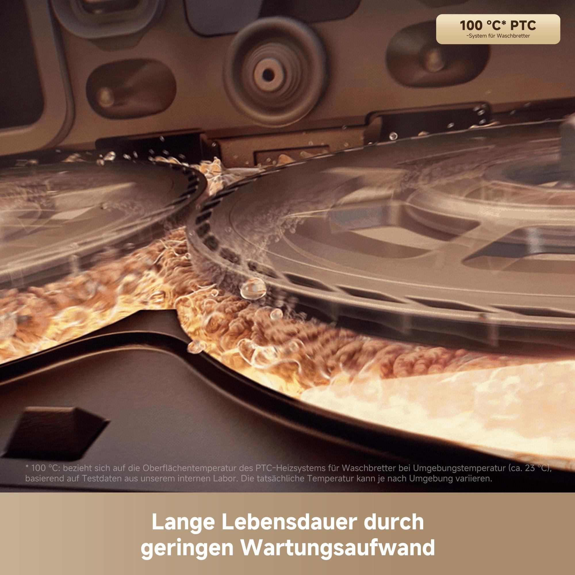 Nahaufnahme eines Heizsystems. Wassertröpfchen und Dampf um eine Metallscheibe, mit Temperaturanzeige oben.