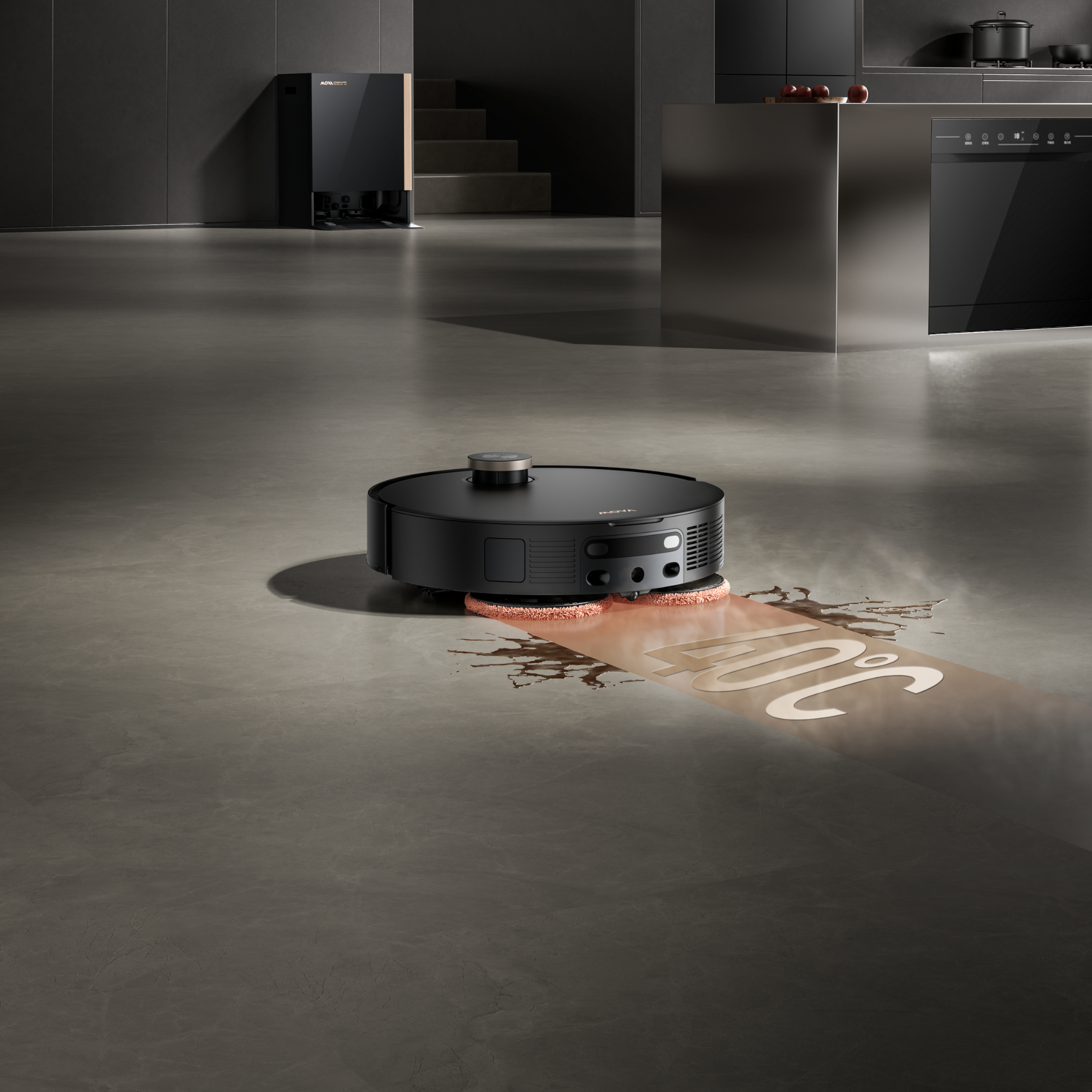 Ein schwarzer Roboter-Staubsauger reinigt auf grauem Boden. Im Hintergrund eine Küche mit Geräten.