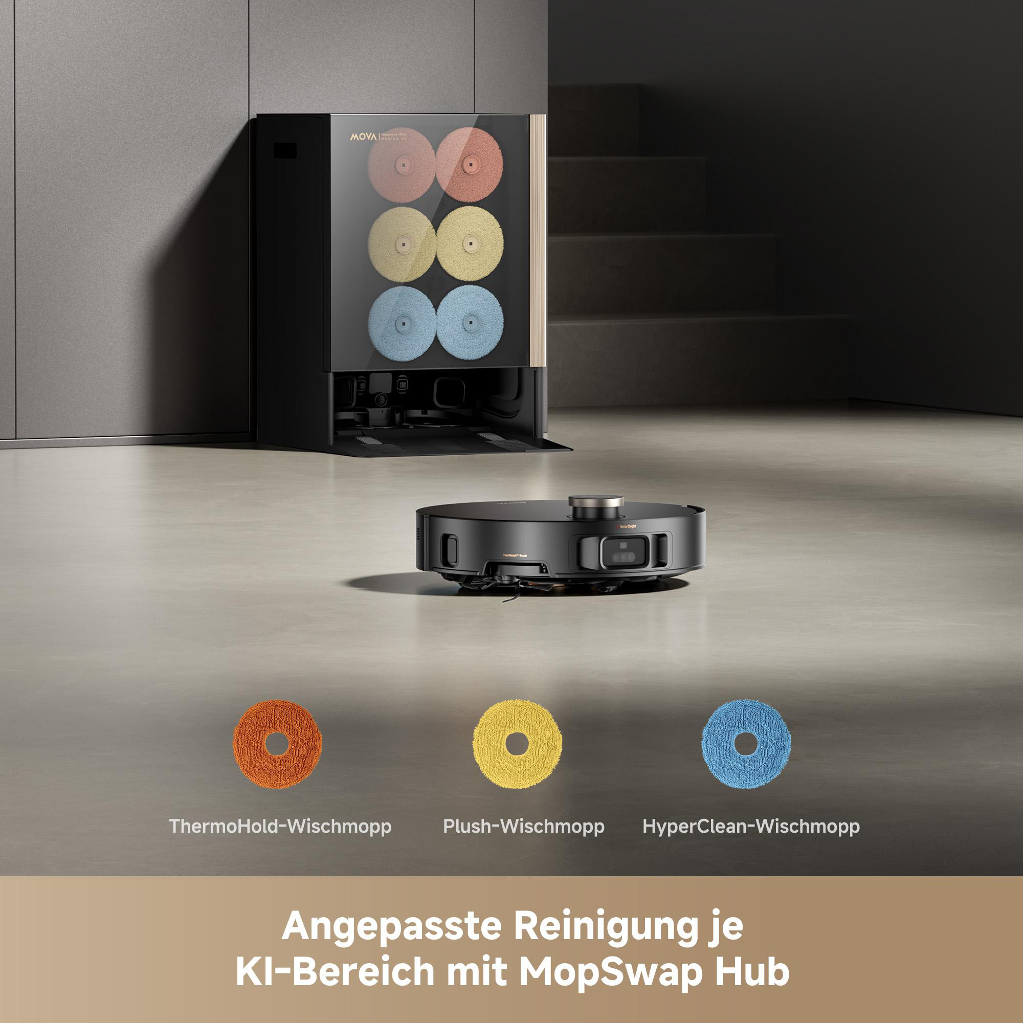 Ein Roboterstaubsauger und eine Reinigungsstation mit verschiedenen Wischmopps.