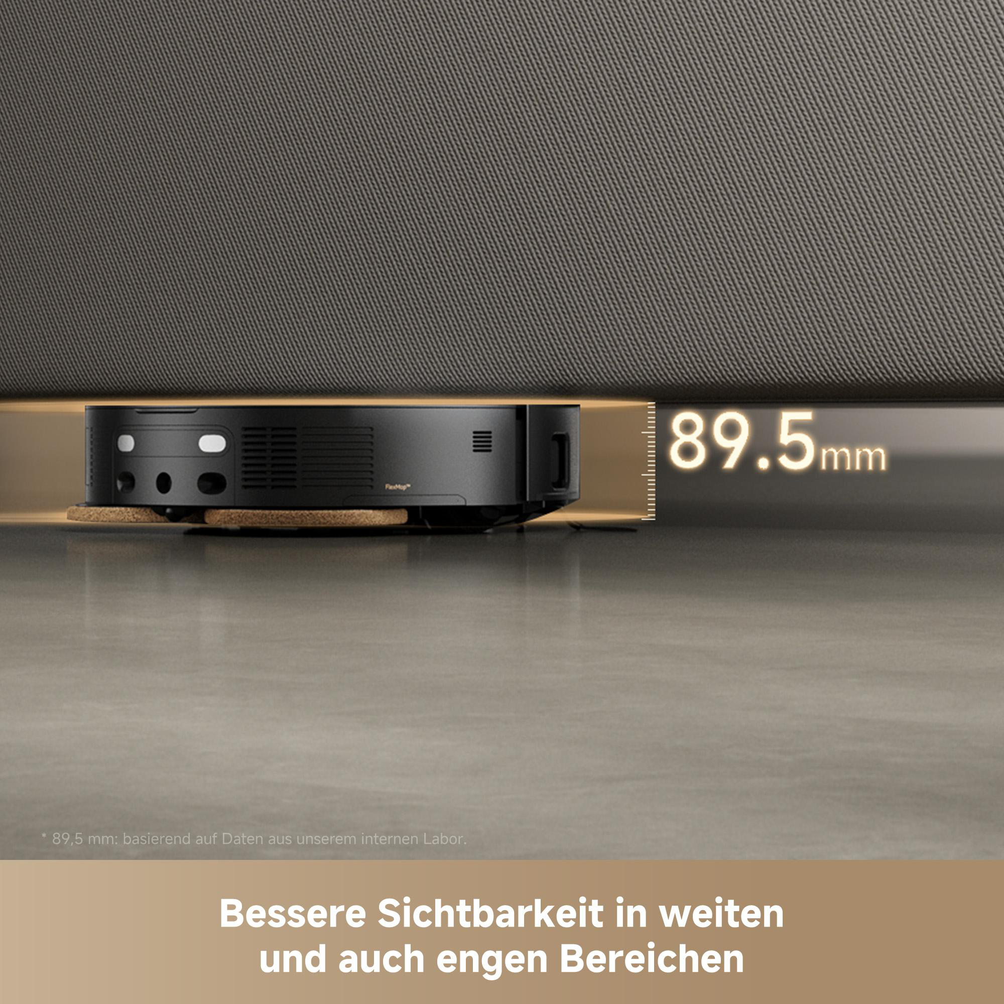 Ein schwarzer Roboter-Staubsauger unter einer grauen Oberfläche. Er ist 89,5 mm hoch. Text unten: 'Bessere Sichtbarkeit'.