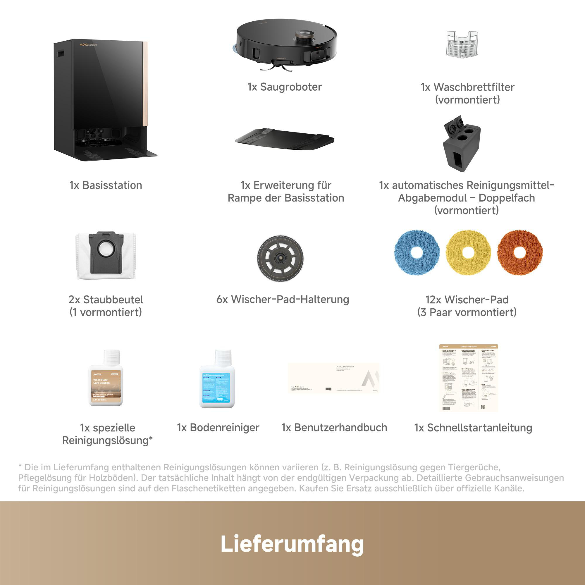 Das Bild zeigt einen Roboter-Staubsauger und Zubehör, darunter eine Basisstation, Wischtücher und Reinigungslösungen.