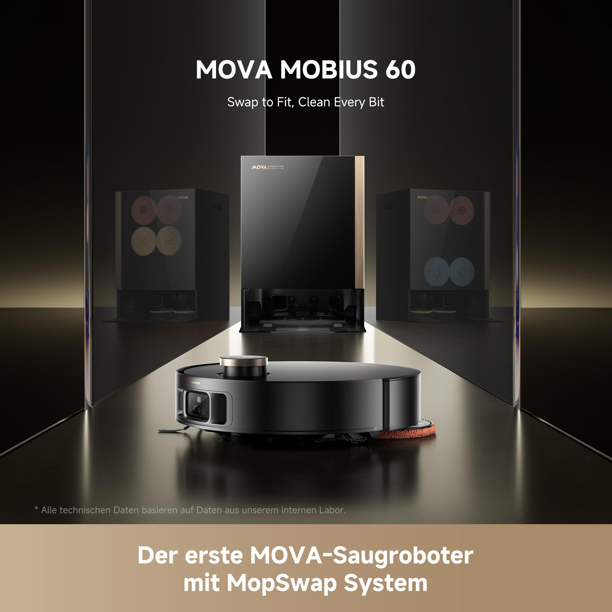 Ein schwarzer Roboter-Staubsauger mit Ladestation und Spiegelhintergrund wird gezeigt.