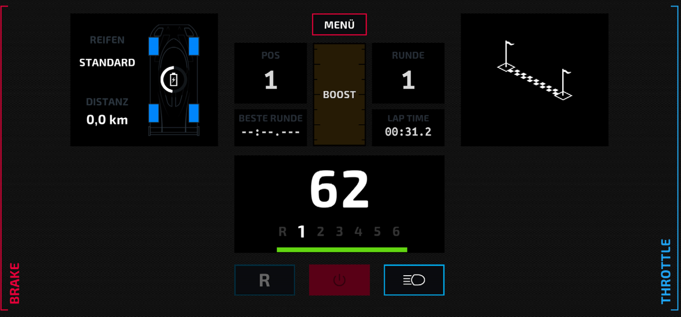 Auto-Dashboard mit Geschwindigkeit 62, Rundenzeit 00:31.2 und Position 1. Zeigt Batterie, Gang und Renninformationen.