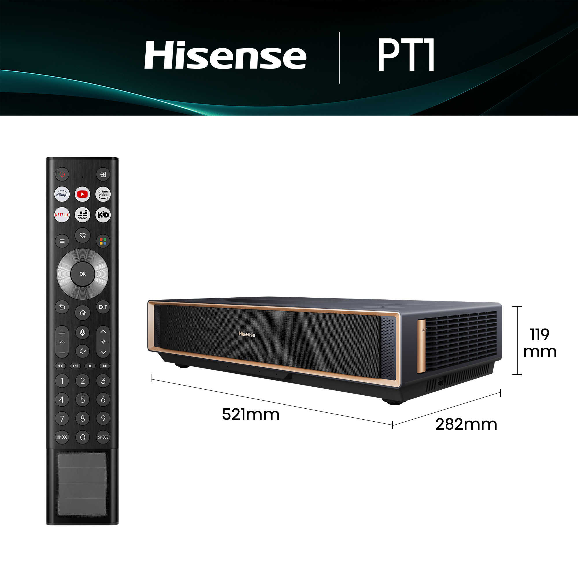 Proyector Hisense PT1 con mando. Diseño negro y dorado. Dimensiones: 521x282x119mm.