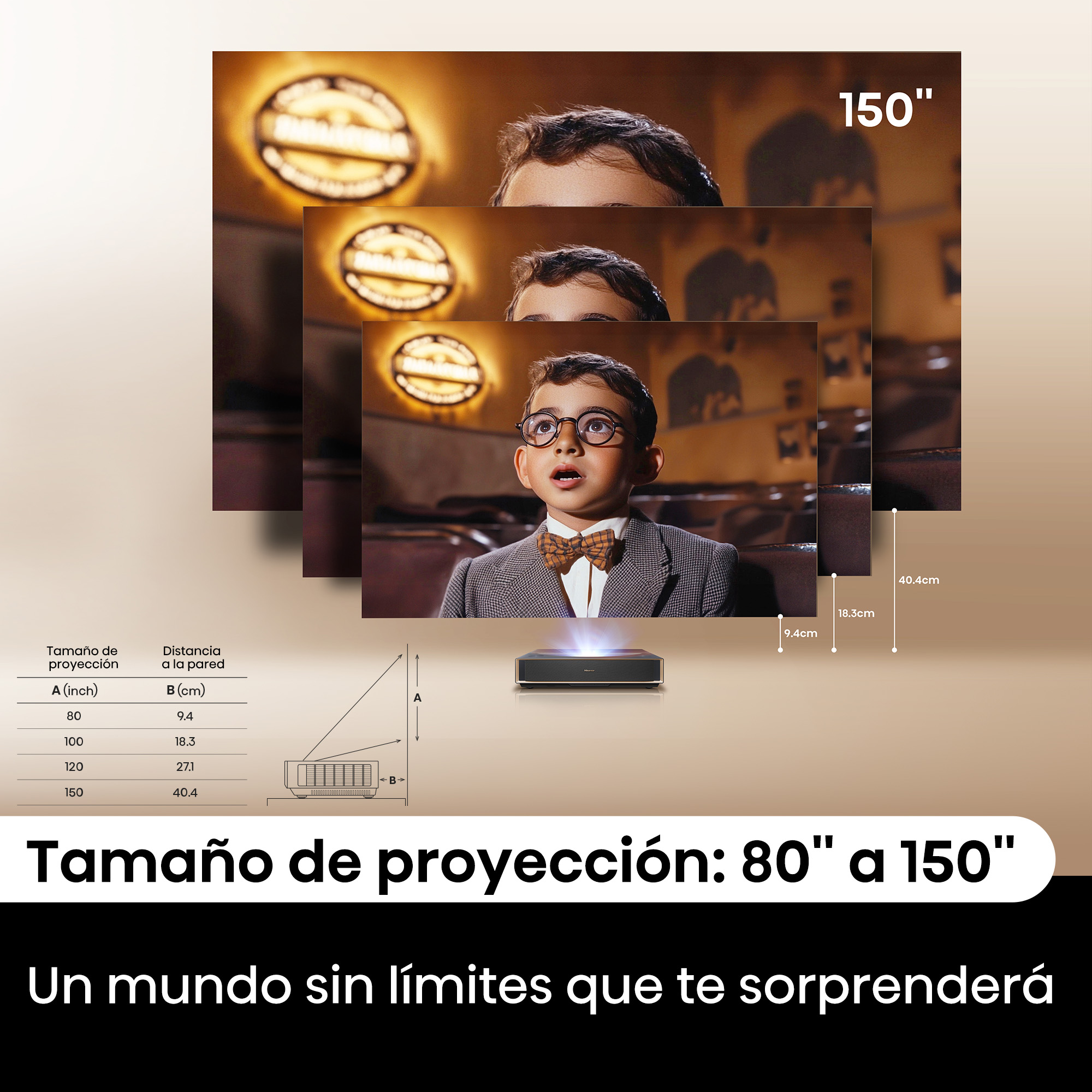Proyector con pantallas de distintos tamaños. Texto: Tamaño de proyección: 80" a 150". Un mundo sin límites que te sorprenderá.