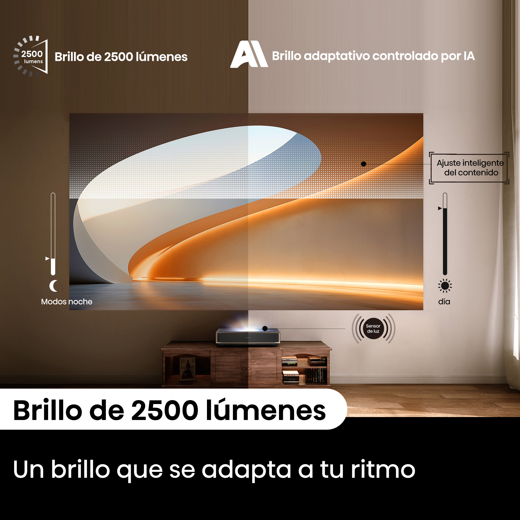 Proyector en salón. Brillo de 2500 lúmenes; AI Brillo adaptativo controlado por IA; Ajuste inteligente del contenido; Un brillo que se adapta a tu ritmo.