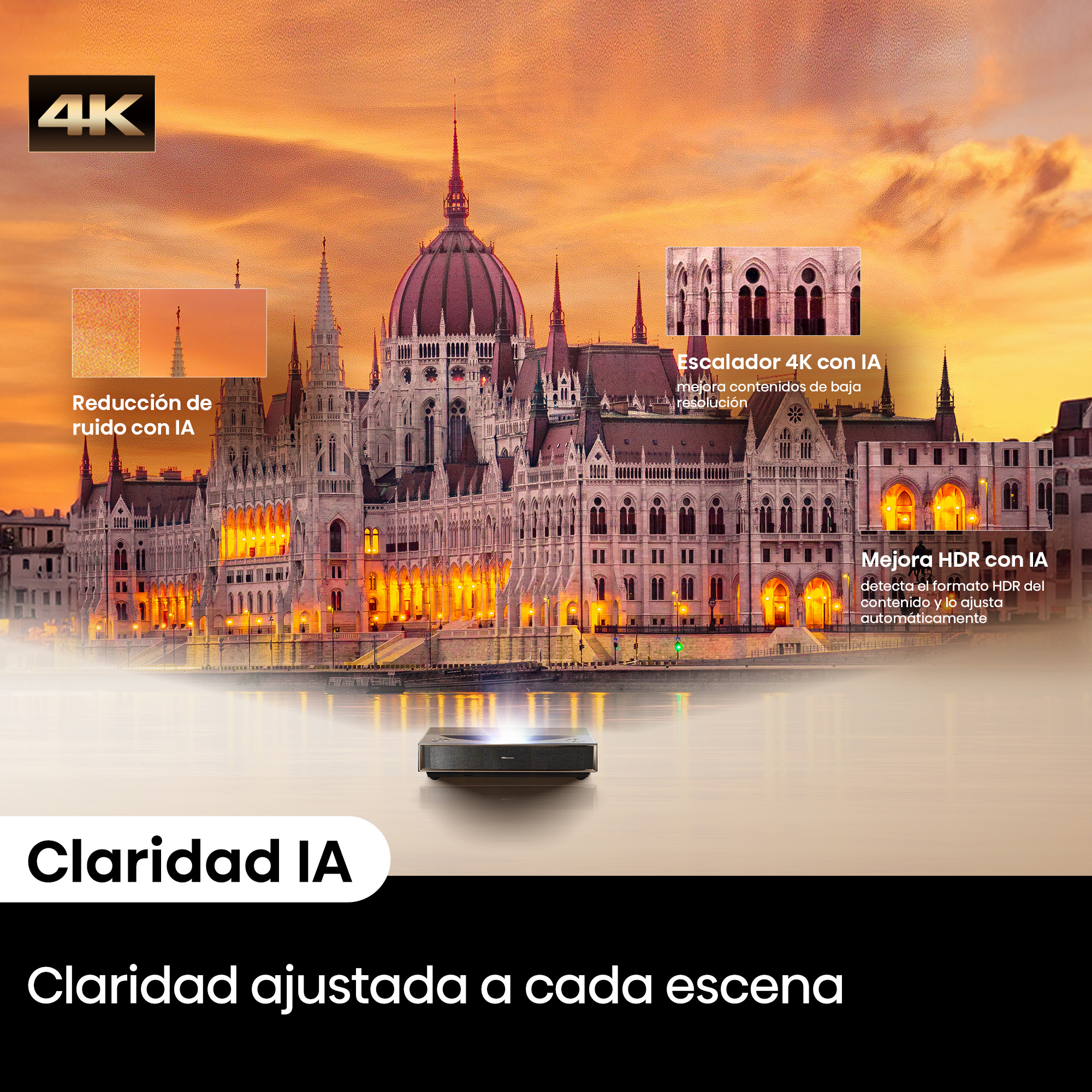 Proyector 4K: Reducción de ruido con IA, Escalador 4K con IA, Mejora HDR con IA. Claridad IA. Claridad ajustada a cada escena.