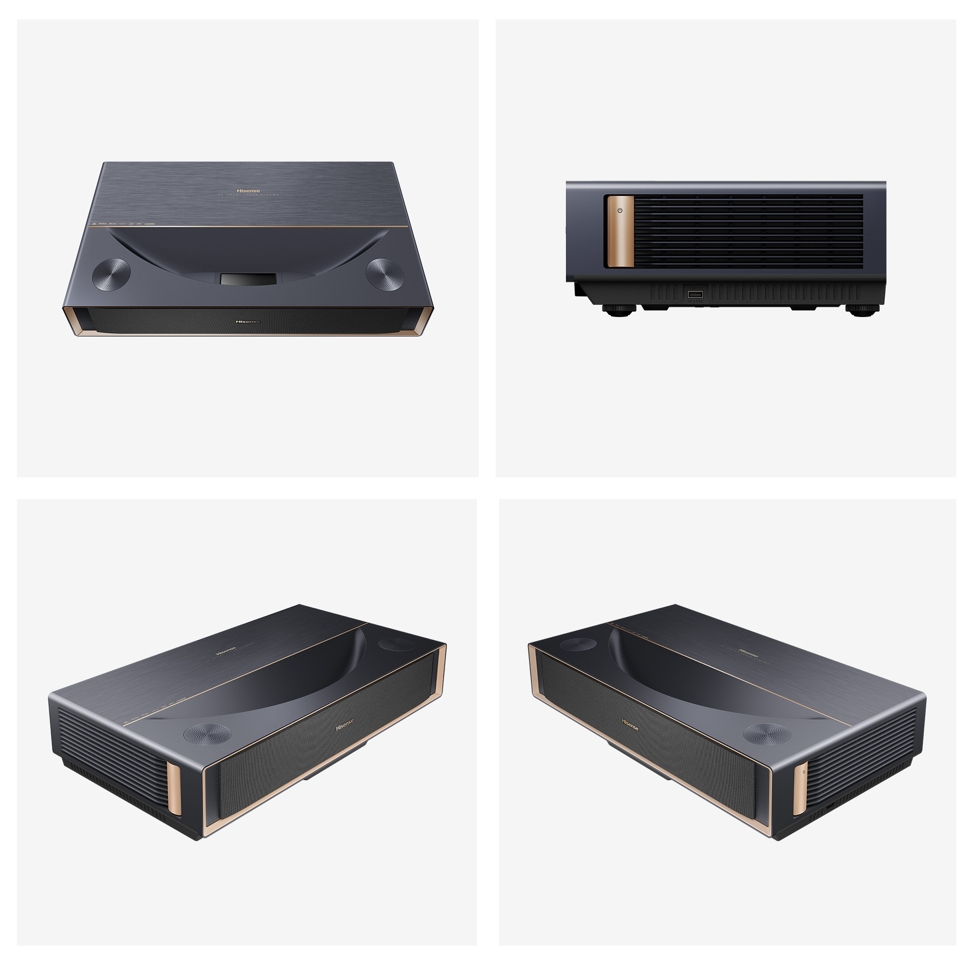 Cuatro vistas de un proyector Hisense. Es gris oscuro con detalles dorados. El diseño es moderno y elegante.