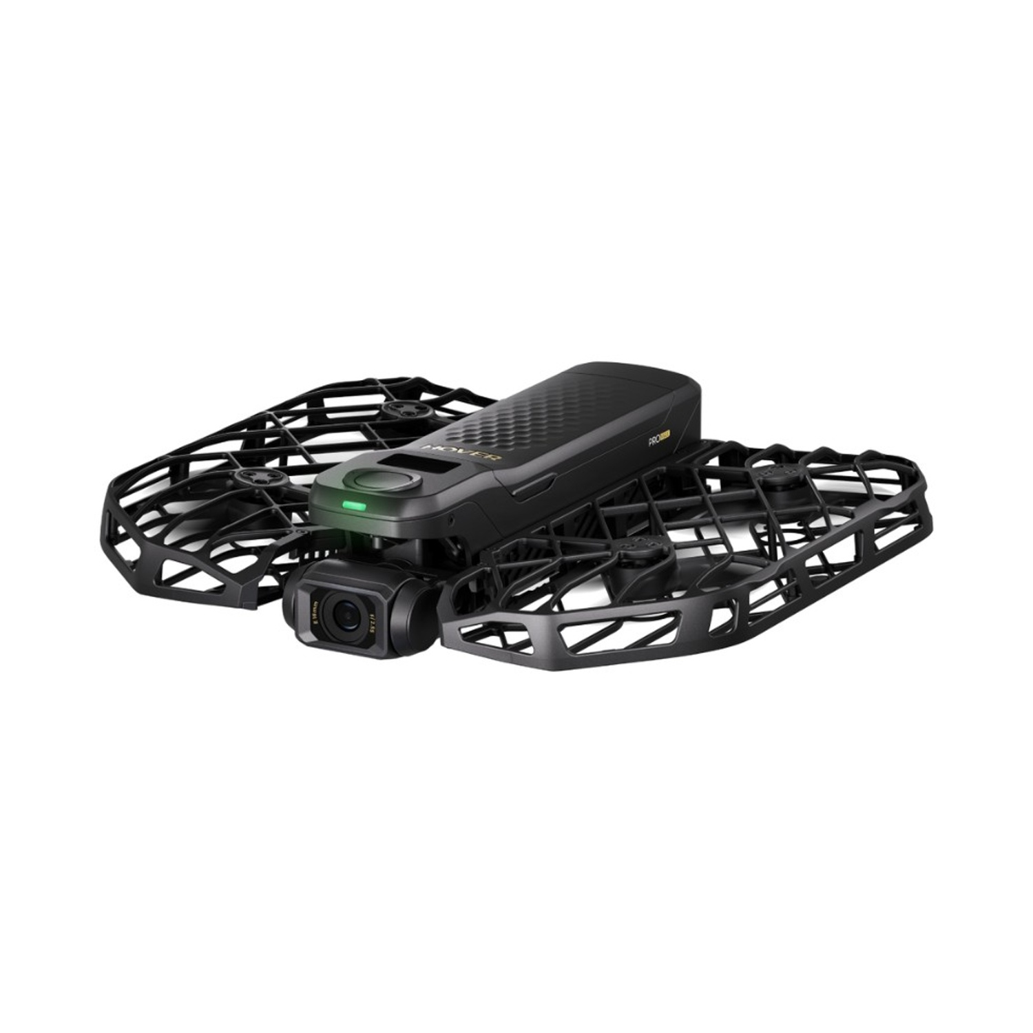 Un drone nero con una fotocamera. Ha un corpo centrale e quattro eliche protettive. Lo sfondo è bianco.