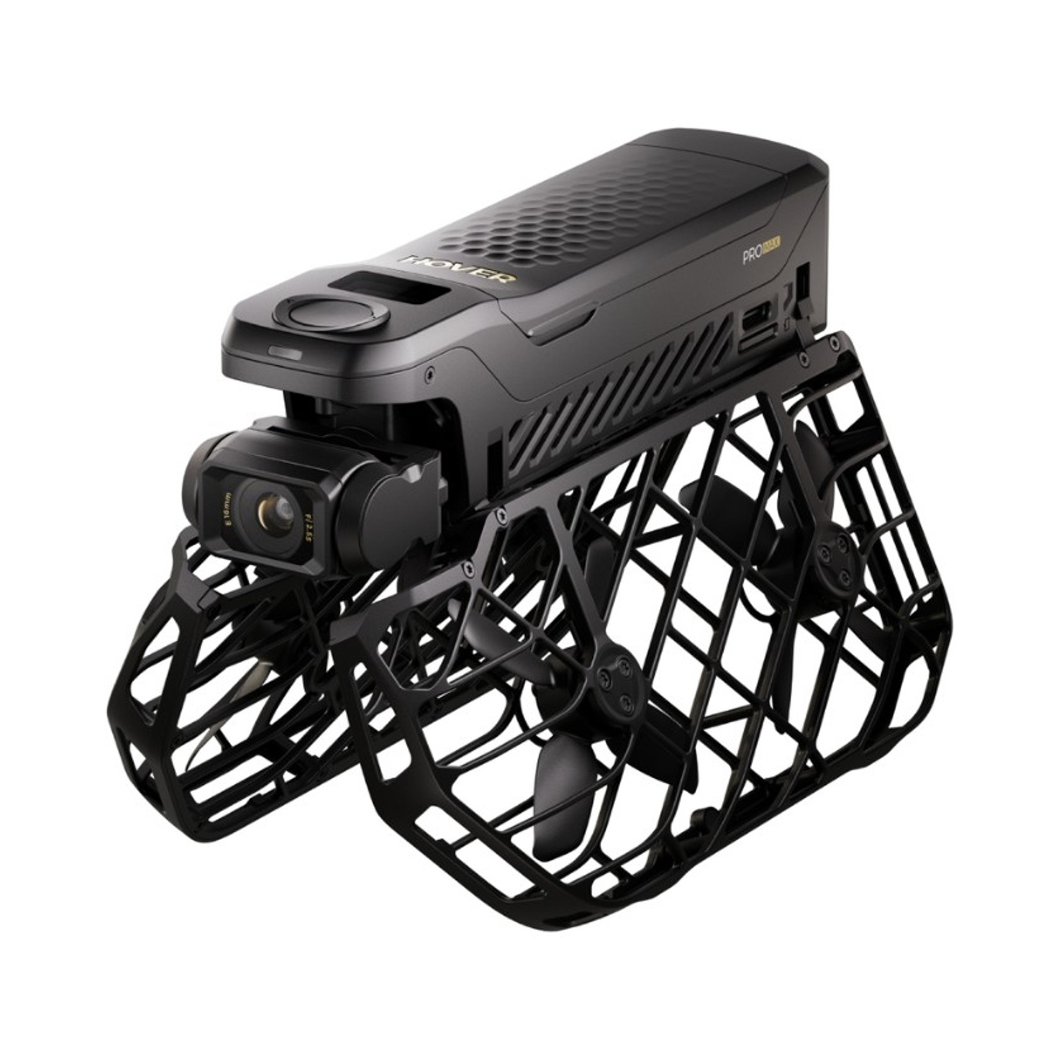 Drone nero con eliche e fotocamera. Il drone ha una struttura a gabbia attorno alle eliche e una fotocamera frontale.