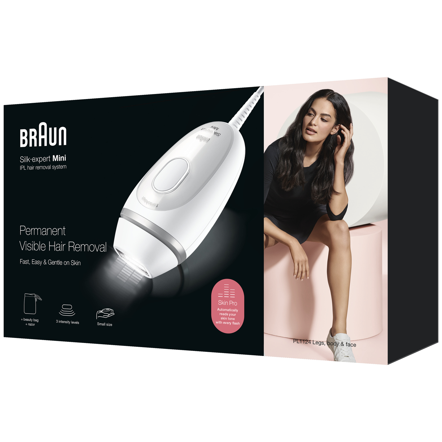 Image shows a Braun Silk-expert Mini IPL hair removal system with a woman and the product. Text highlights features and benefits.