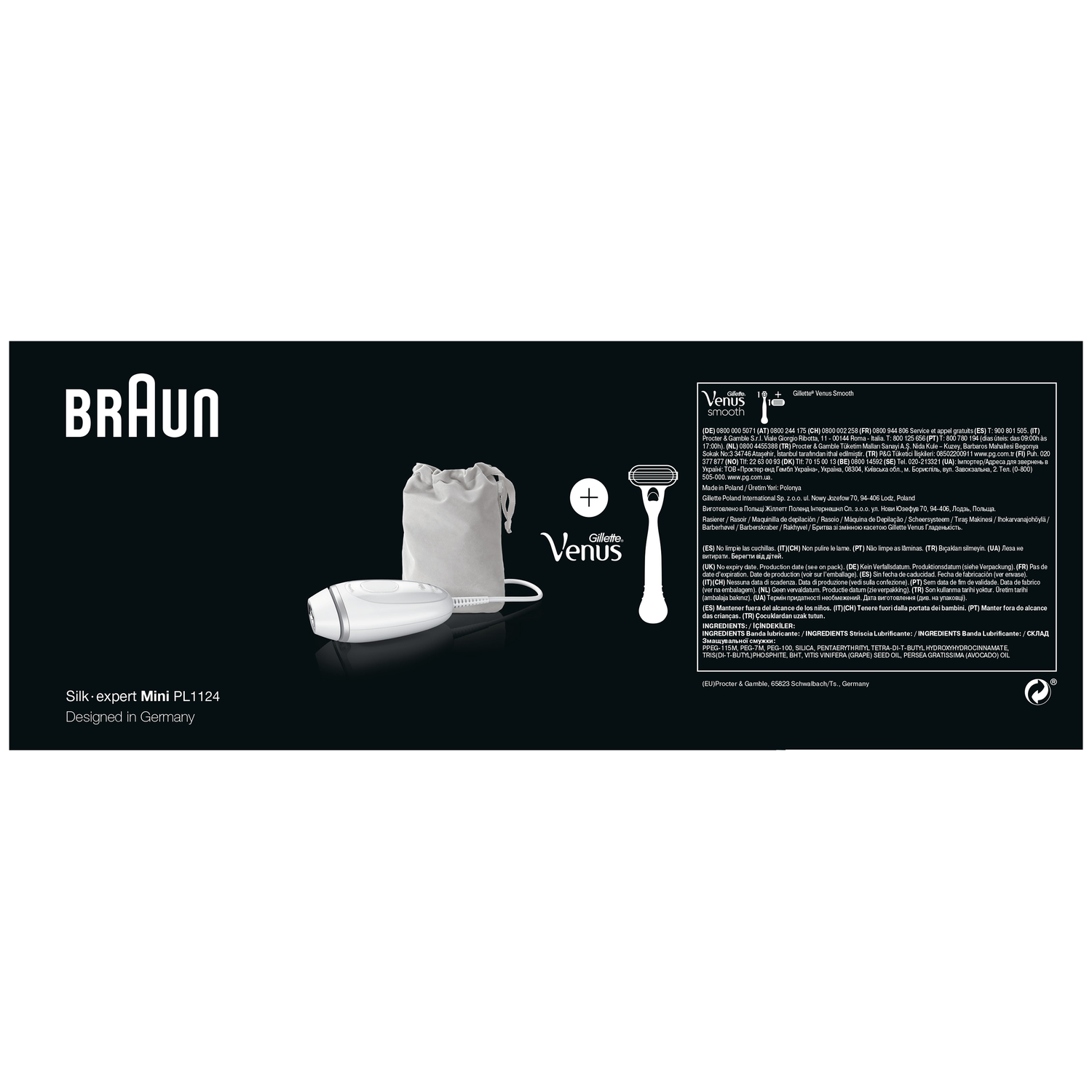 A white Braun Silk-expert Mini, Gillette Venus razor, and a white pouch on a black background.