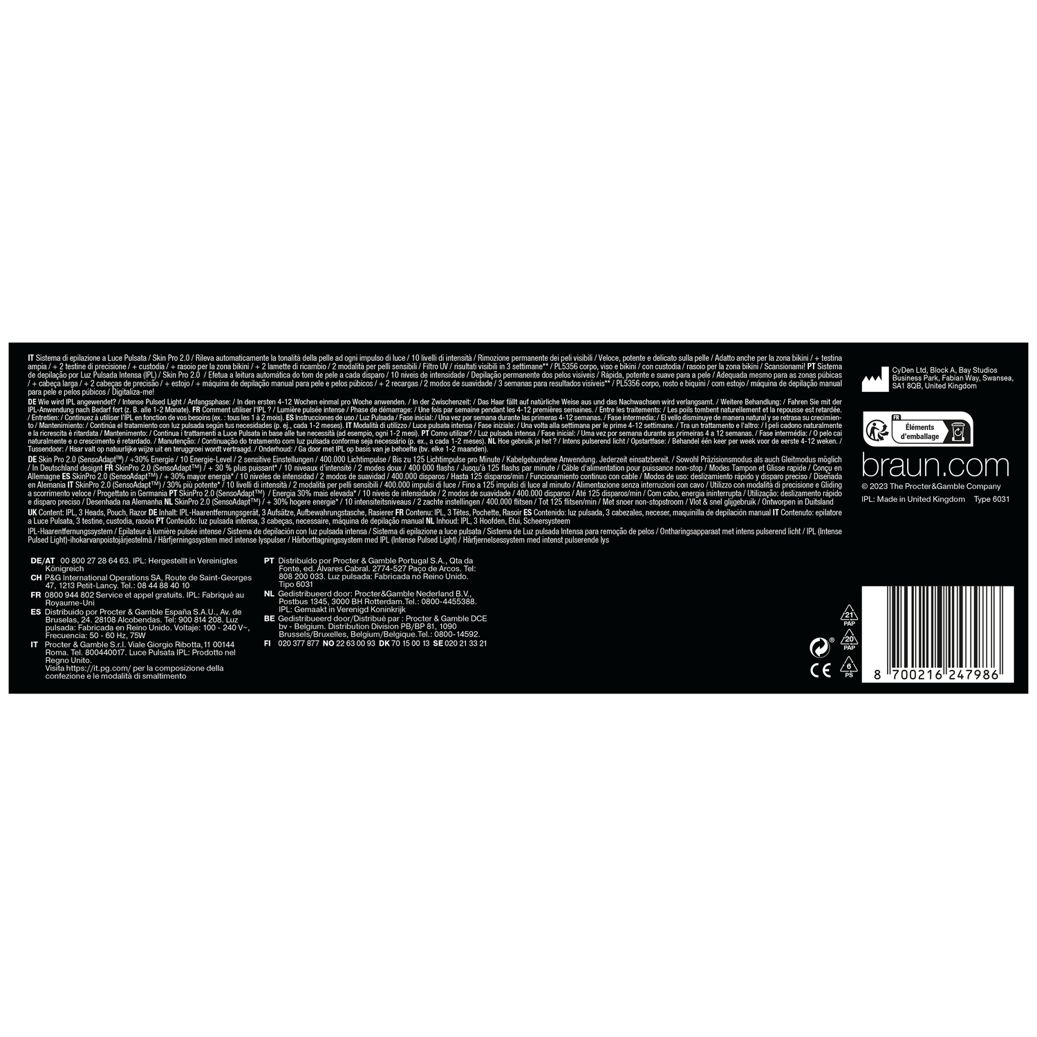 A Braun IPL box with text and product details. Contains a barcode and recycling symbols.