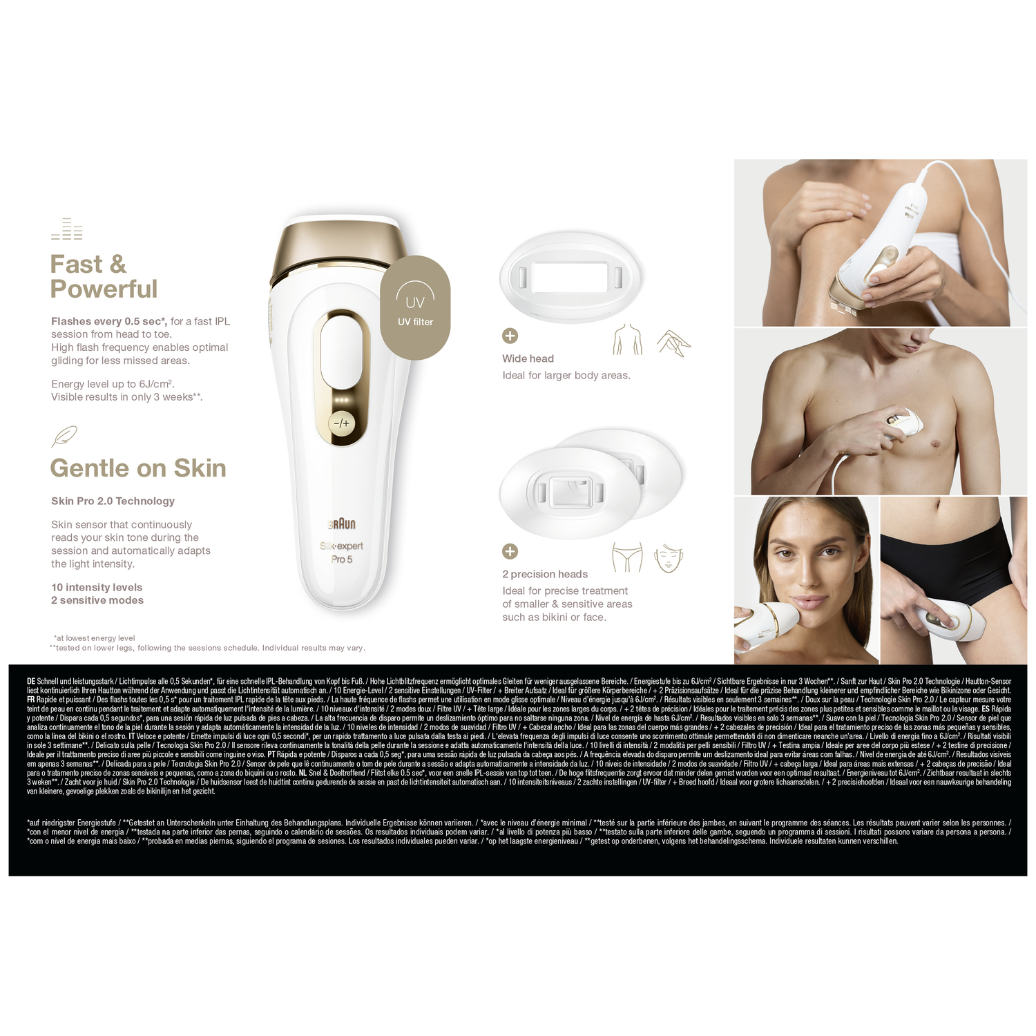 White and gold IPL device with text and images, including a woman using it.