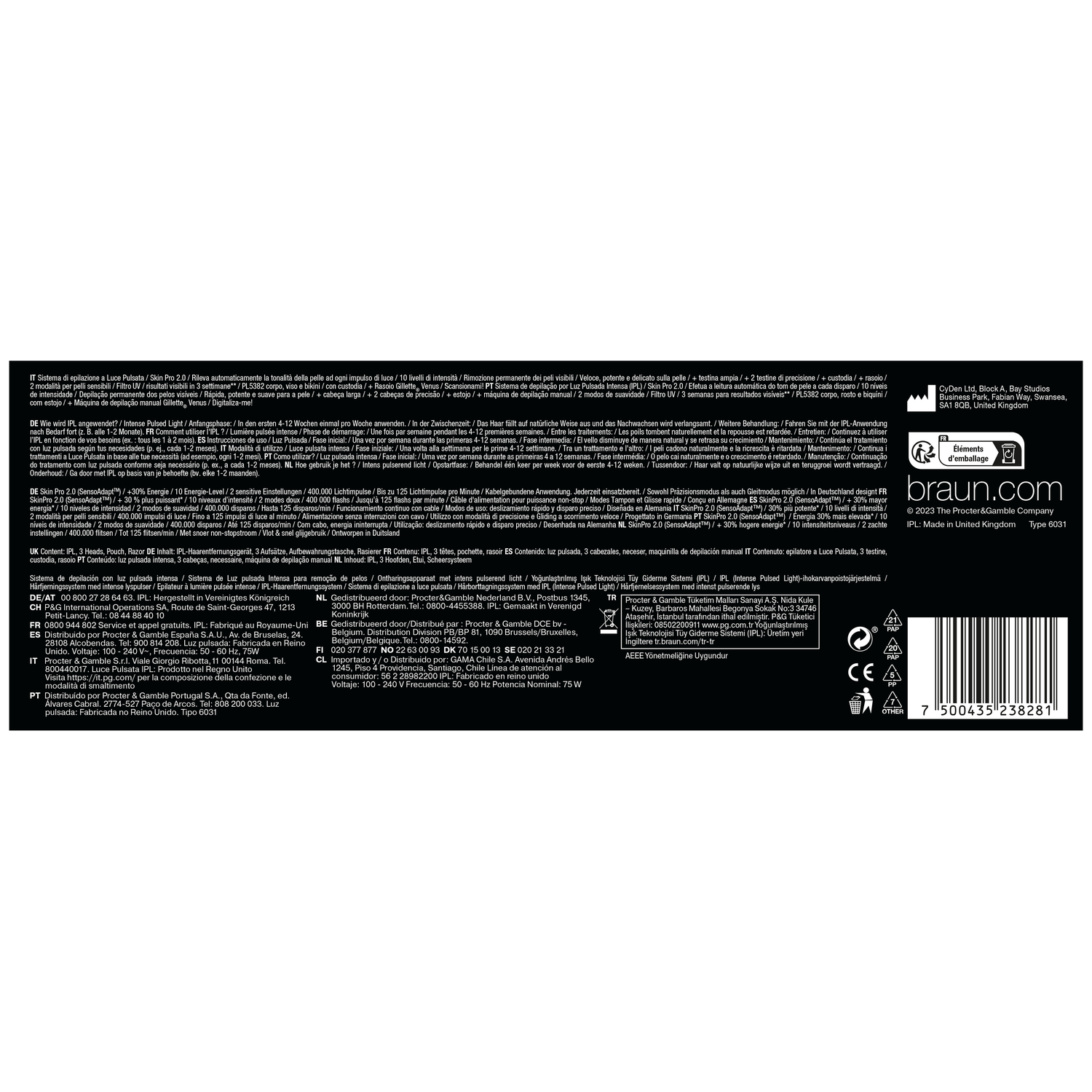 The box contains product information in multiple languages, with a barcode and recycling symbols.