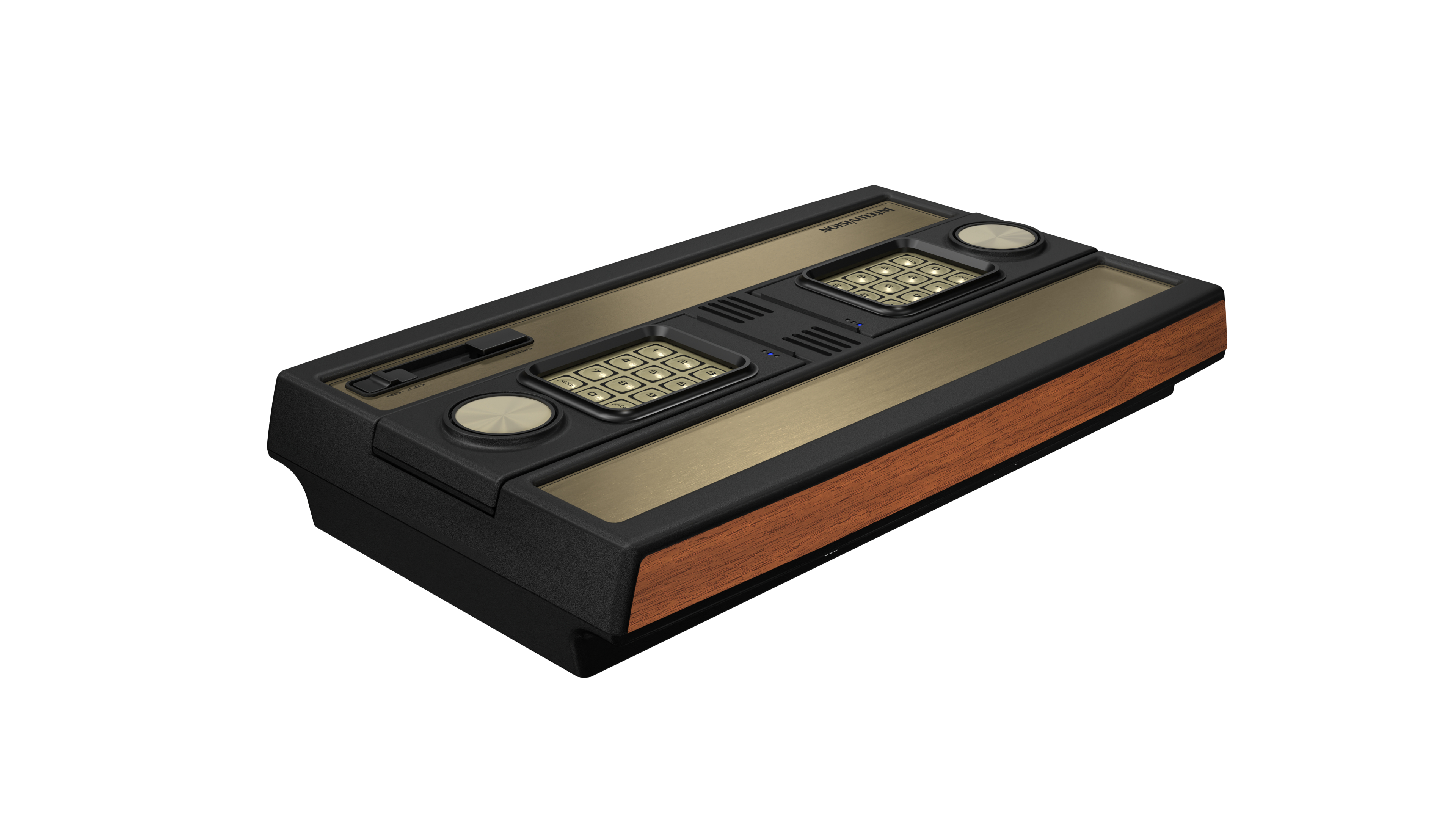 Eine Intellivision-Spielkonsole. Sie hat ein Schwarz-Gold-Farbschema mit Holzmaserung.