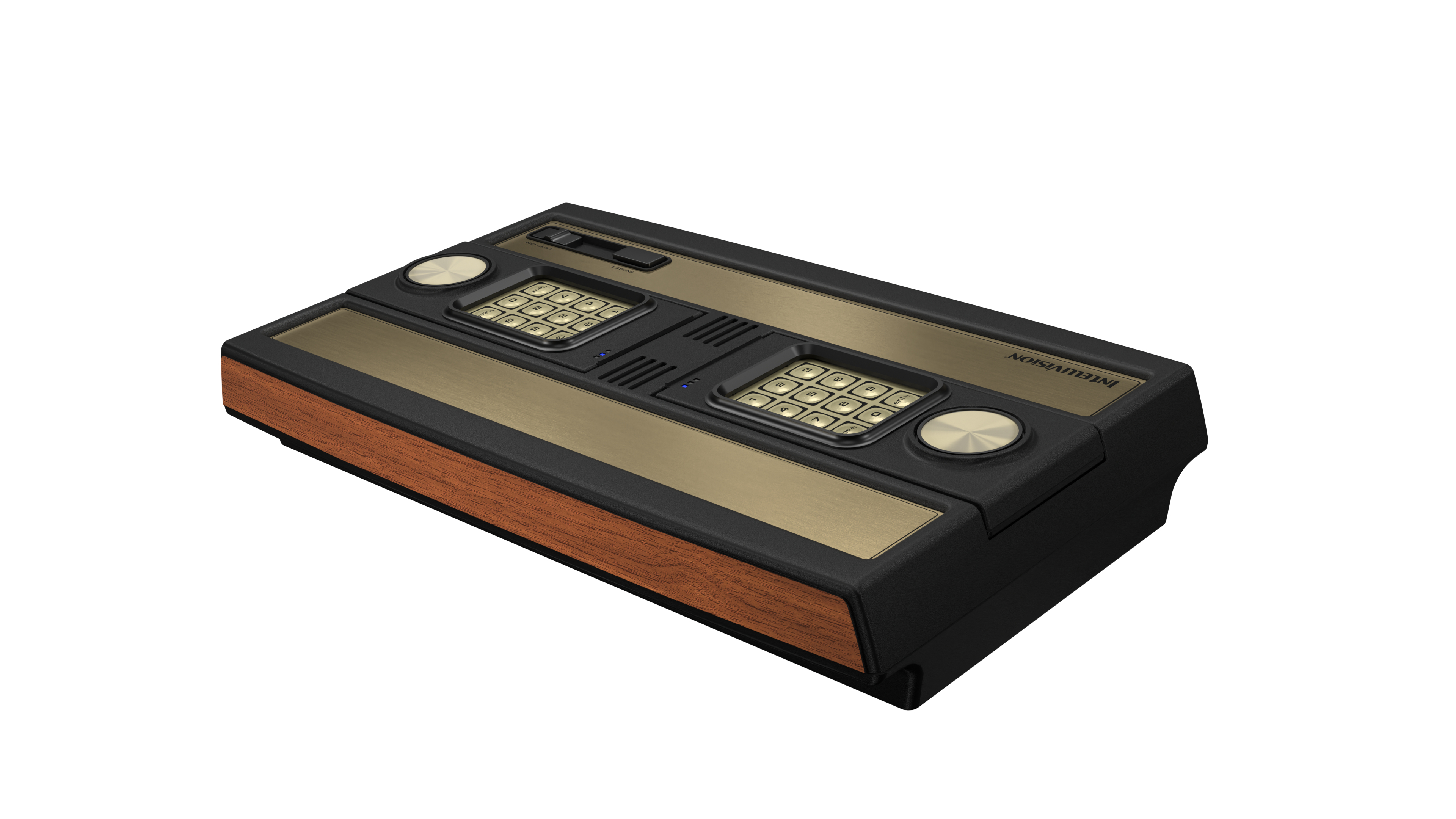 Eine Intellivision-Konsole. Sie hat ein schwarzes Gehäuse, gold- und holzähnliche Akzente und zwei Tastaturen. Das Wort 'Intellivision' ist sichtbar.