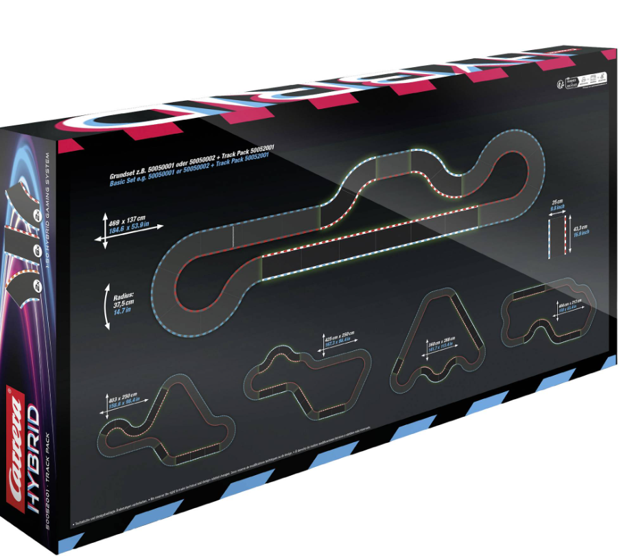 Eine Carrera Hybrid Track Pack Box. Zeigt Streckenlayouts, Abmessungen und das Carrera Hybrid Logo.