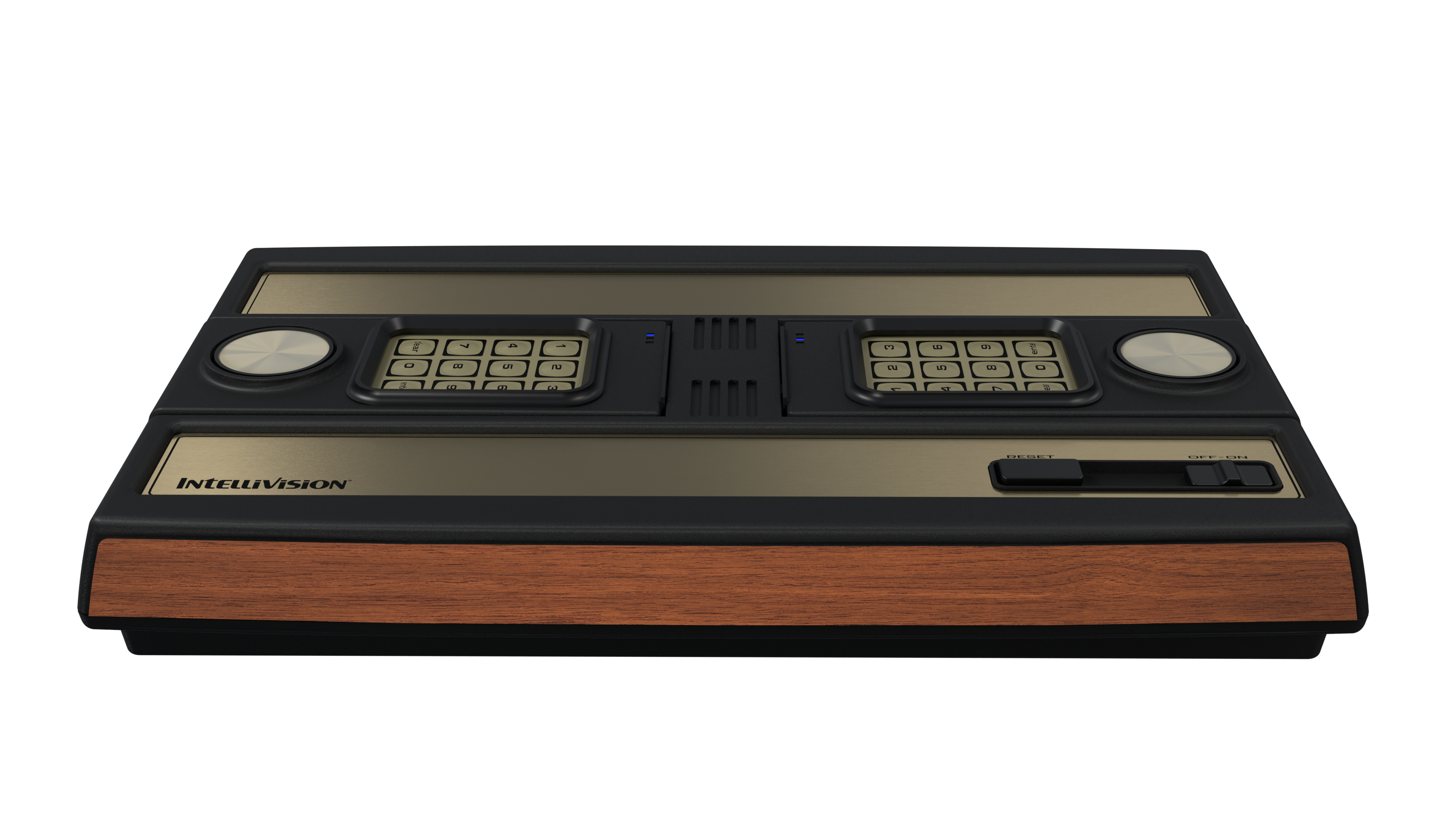 Intellivision-Spielkonsole. Schwarz und Gold mit Holzmaserungsakzenten. Verfügt über Tastaturen, Tasten und einen Netzschalter.