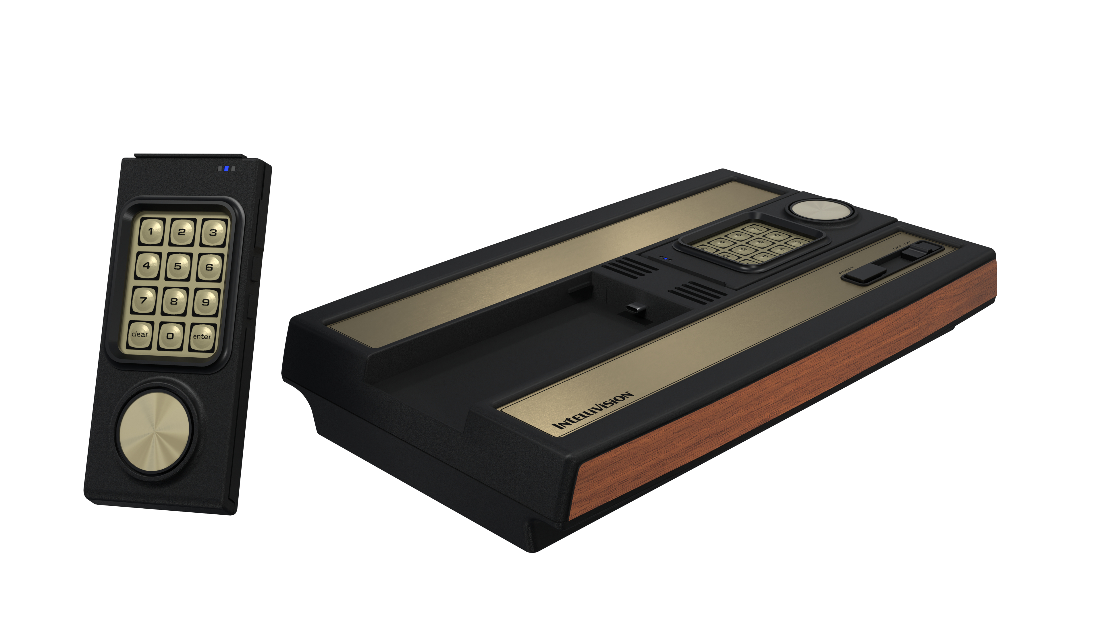 Eine Intellivision-Spielkonsole und ein Controller werden angezeigt. Die Konsole ist schwarz und goldfarben. Der Controller ist schwarz mit einem Tastenfeld.