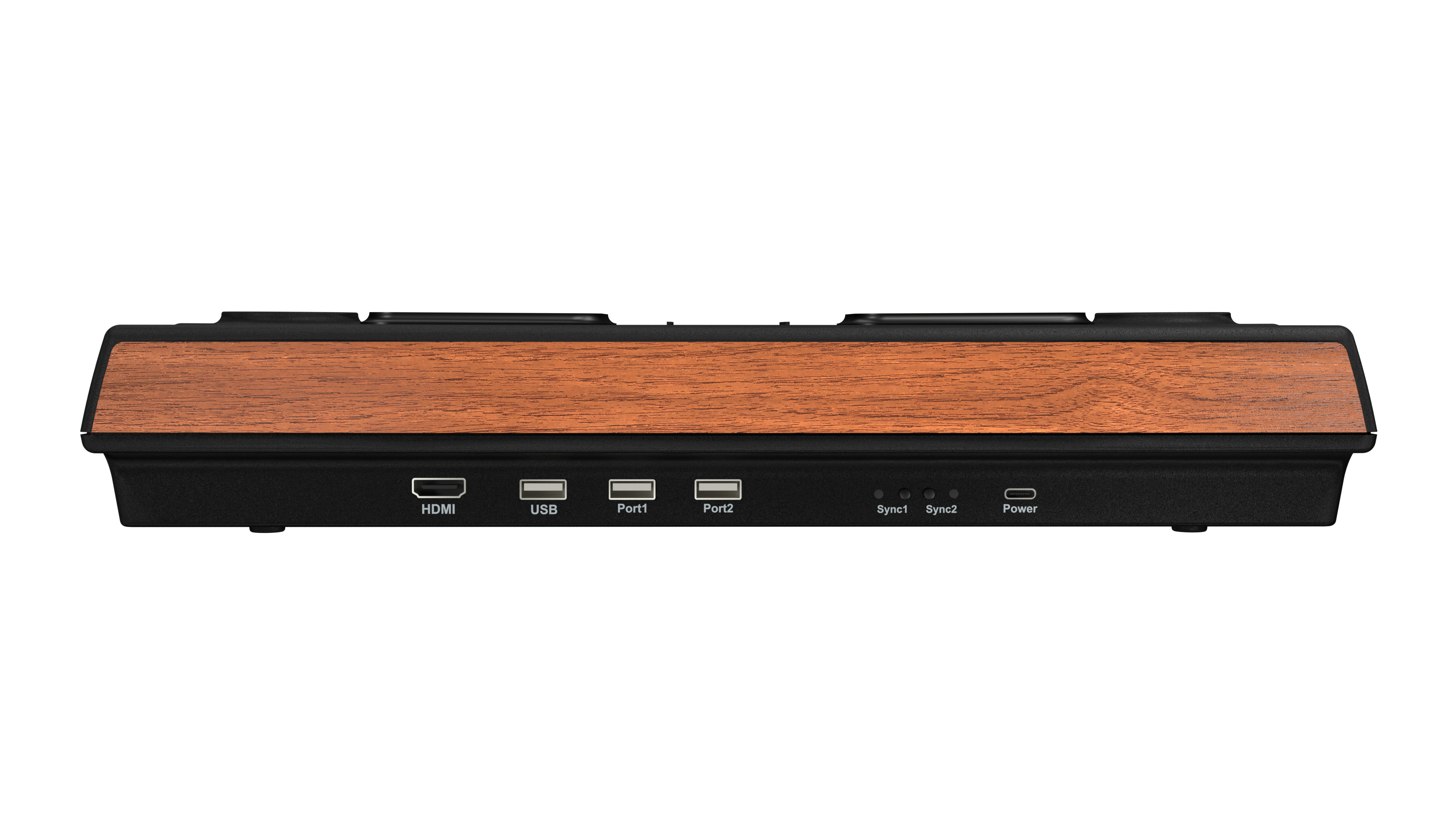 Ein rechteckiges Gerät mit Holzoberteil und schwarzem Sockel. Es hat HDMI-, USB- und Sync-Anschlüsse. Power-Taste ebenfalls sichtbar.