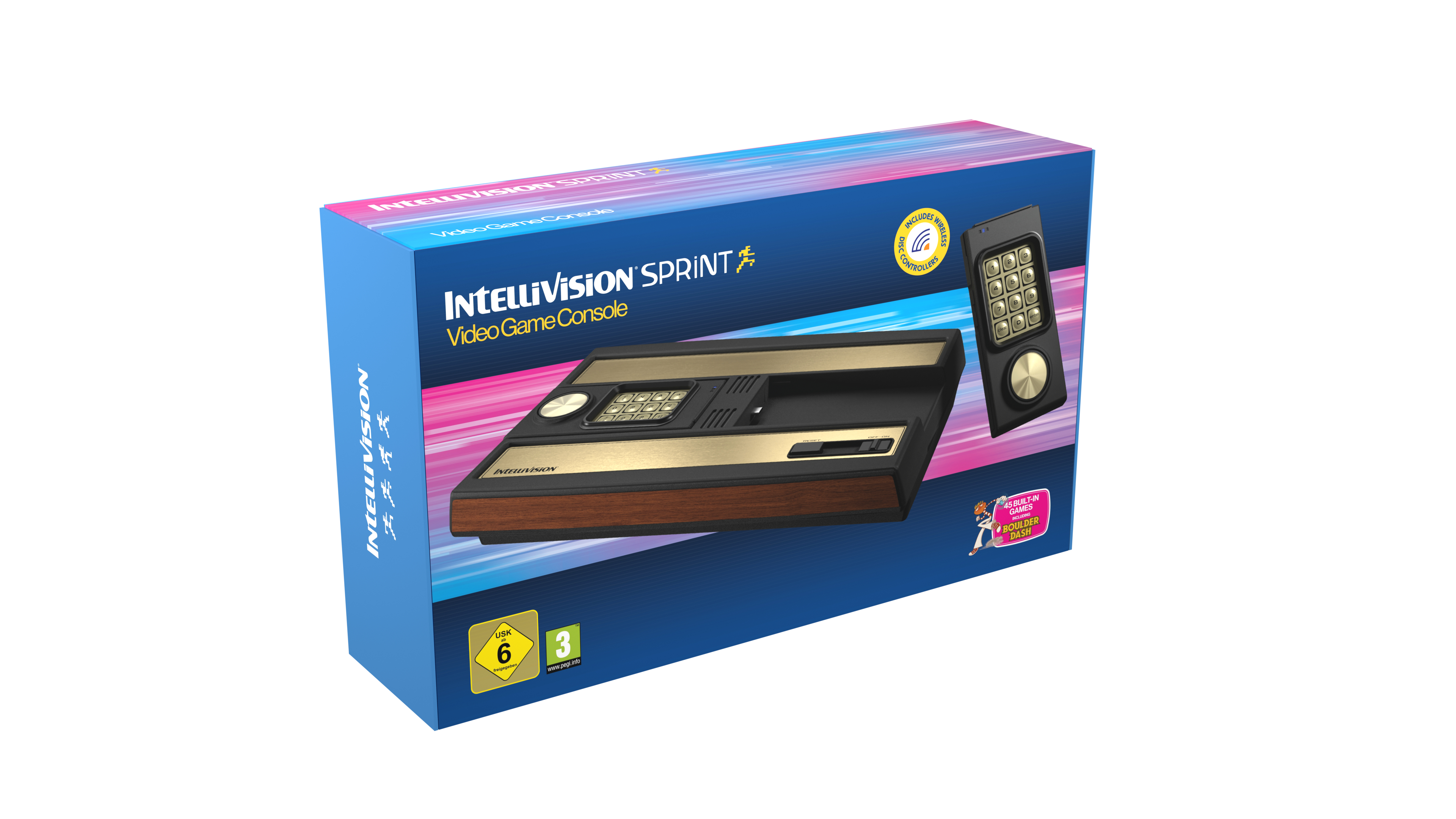 Intellivision Sprint Konsolenbox. Sie zeigt die Konsole, einen Controller und das Spiel Boulder Dash. Die Box ist blau.