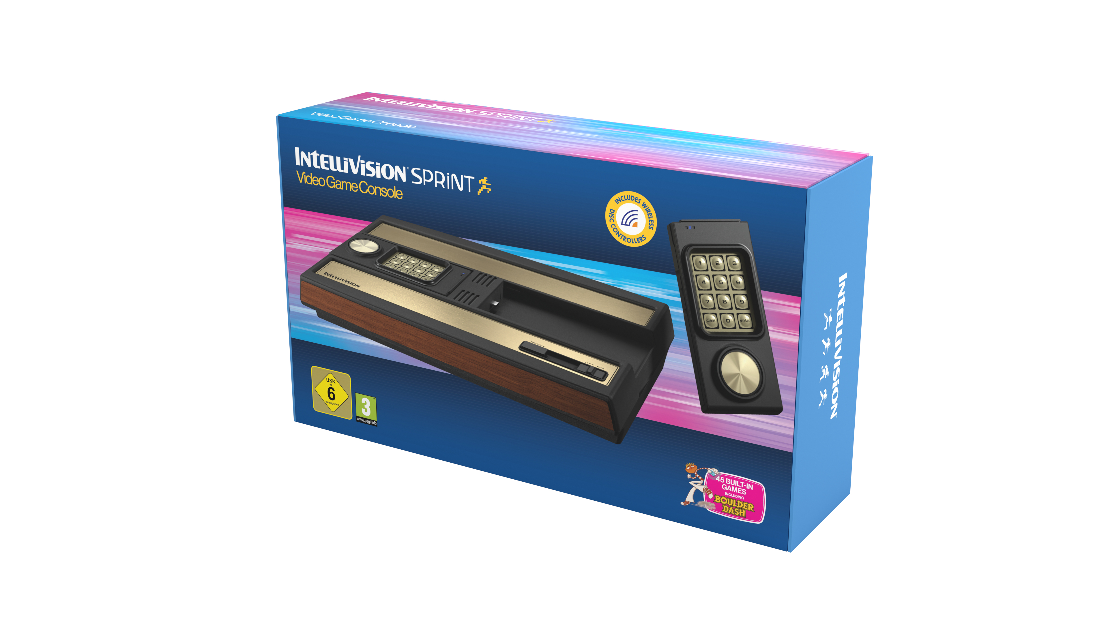 Schachtel der Intellivision Sprint Videospielkonsole. Sie zeigt die Konsole, Controller und Spieldetails. Die Schachtel hat einen blauen Hintergrund.