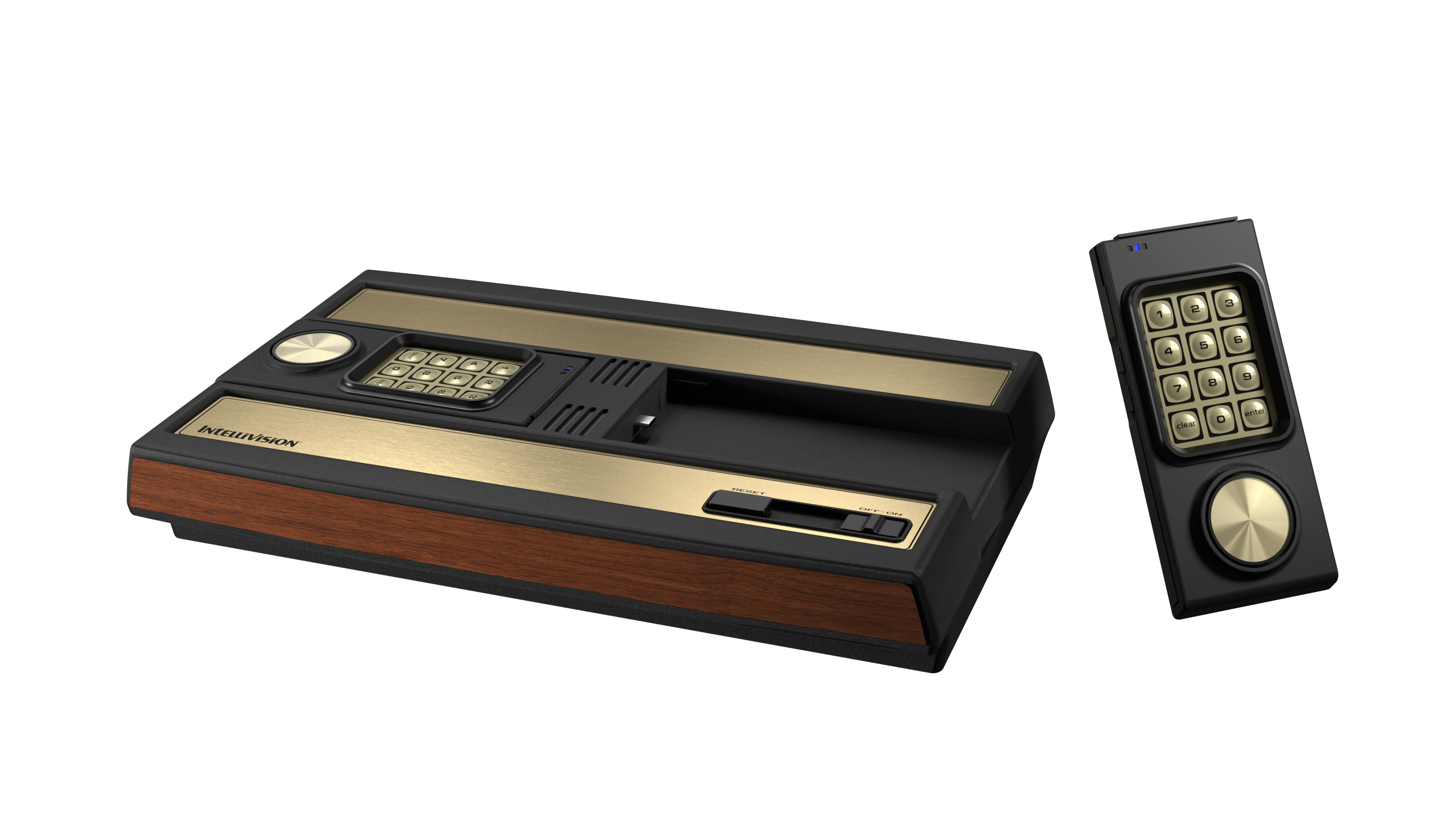Eine Intellivision-Videospielkonsole. Sie hat eine schwarze Basis mit goldenen Akzenten und einem numerischen Tastenfeld, mit einem separaten Controller.