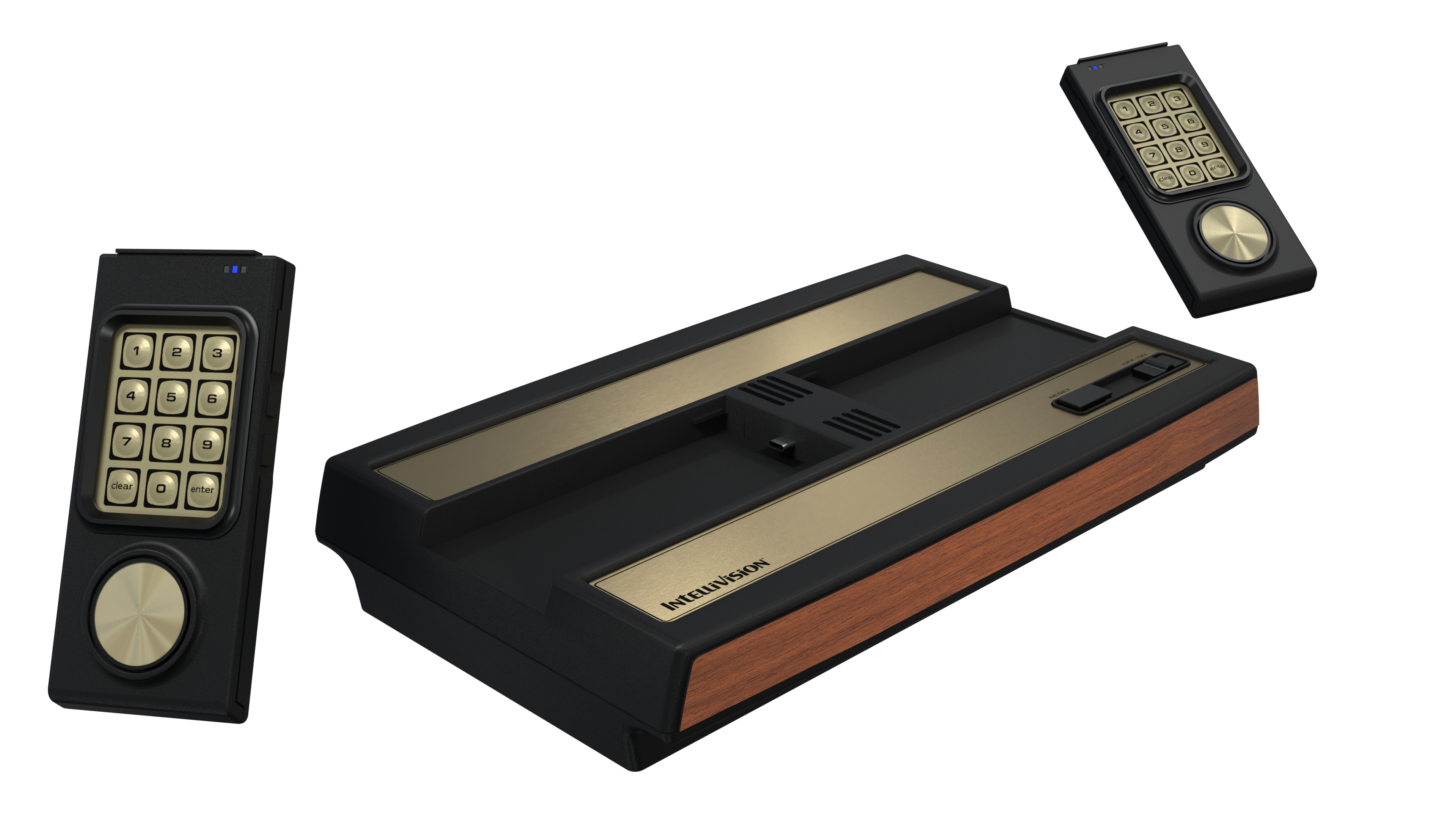 Eine Intellivision-Spielkonsole mit zwei Controllern. Ein Controller ist abgenommen. Die Konsole hat ein Holzmaserungsfinish.