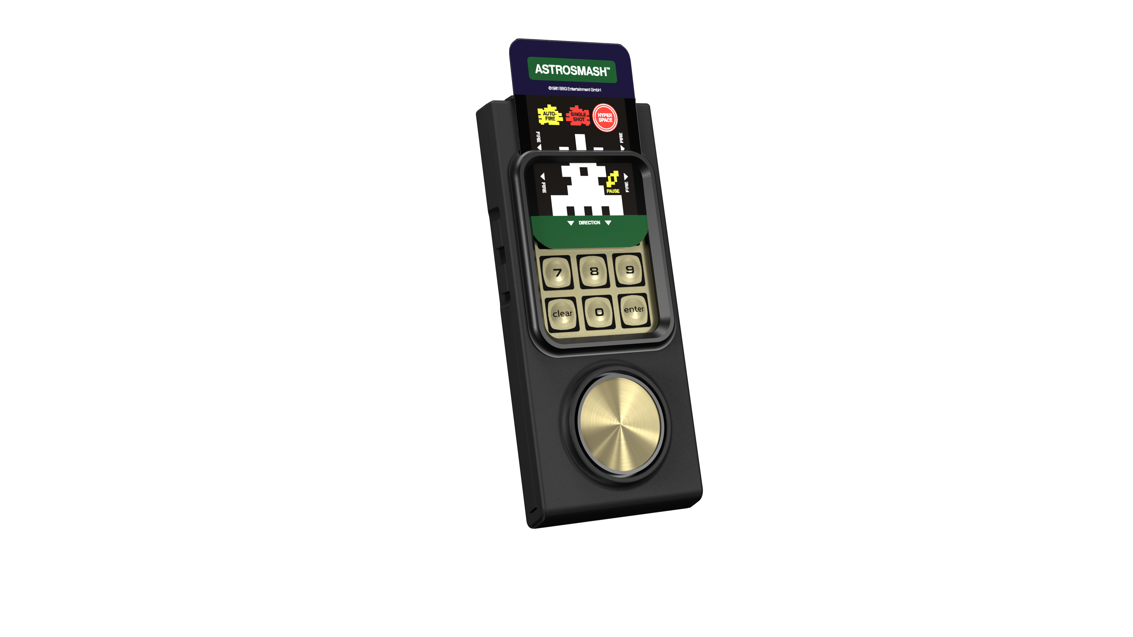 Ein schwarzes Handheld-Gerät mit einer Spielkarte. Es hat einen Bildschirm und Tasten. Die Karte sagt ASTROSMASH.