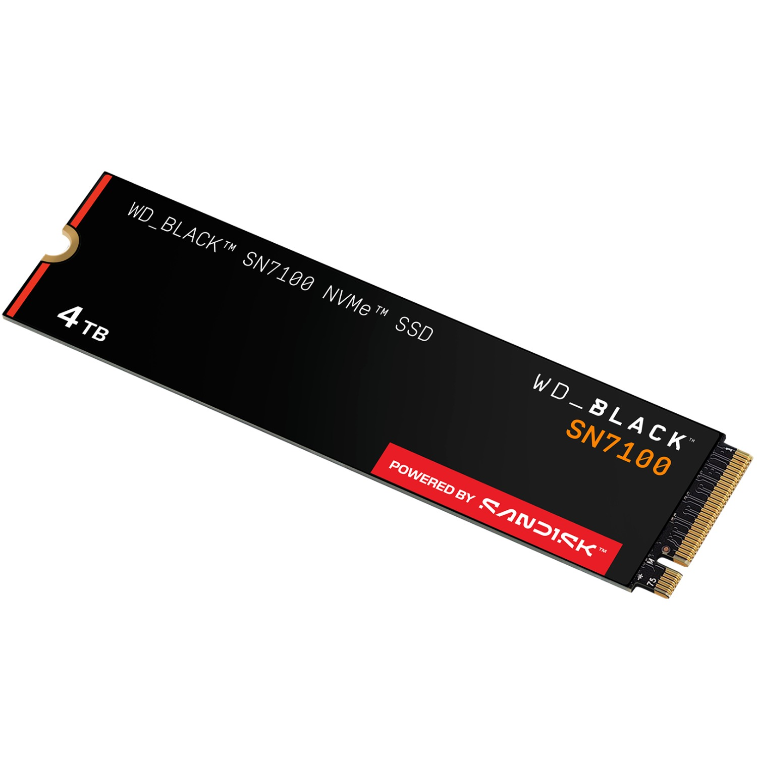 Un SSD WD_BLACK SN7100 NVMe negro, con detalles rojos. El texto incluye '4TB', 'POWERED BY SANDISK' y 'SN7100'.