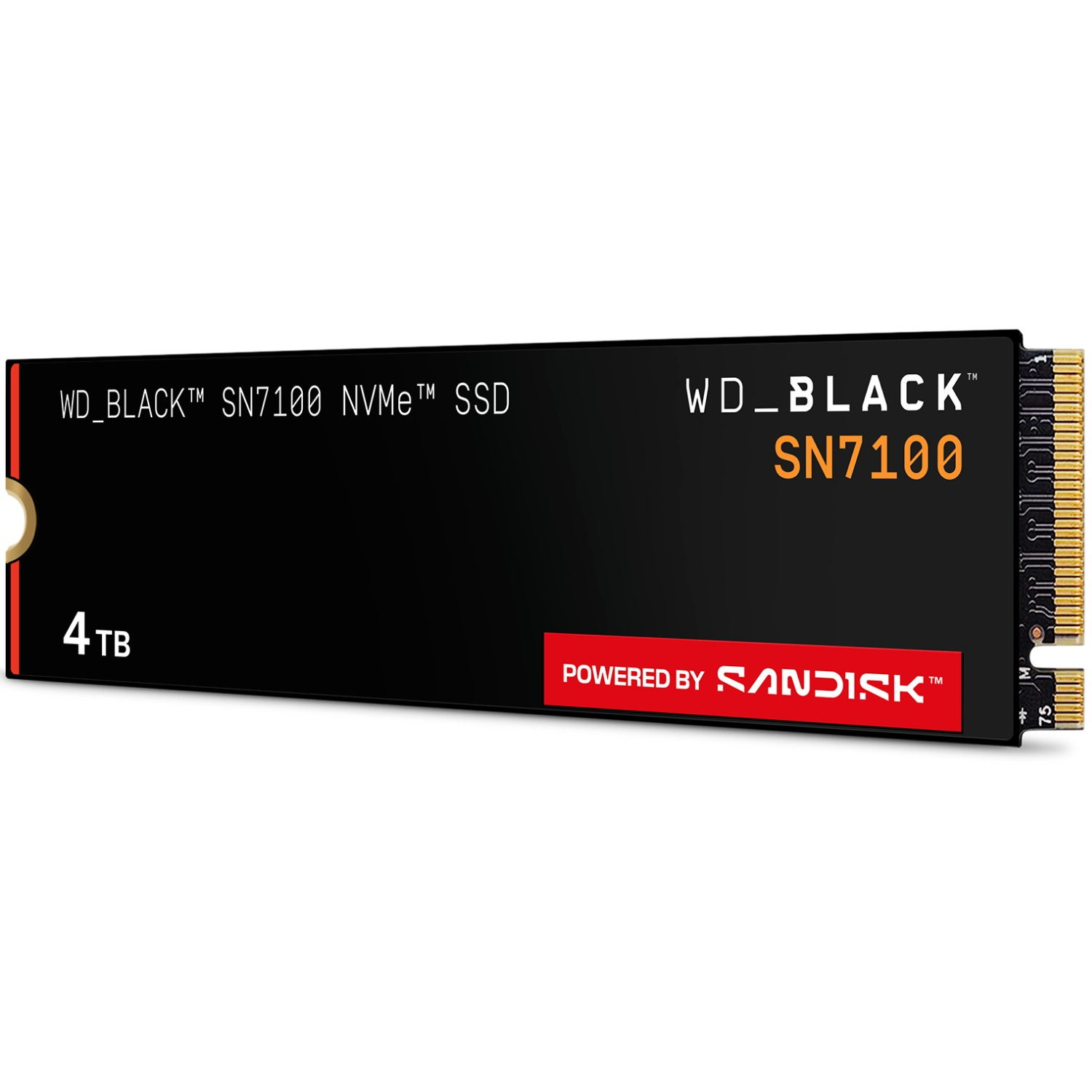 Un SSD NVMe WD_BLACK SN7100 negro con 4 TB de capacidad. Dice 'Powered by SanDisk'. El SSD tiene conectores dorados a la derecha.