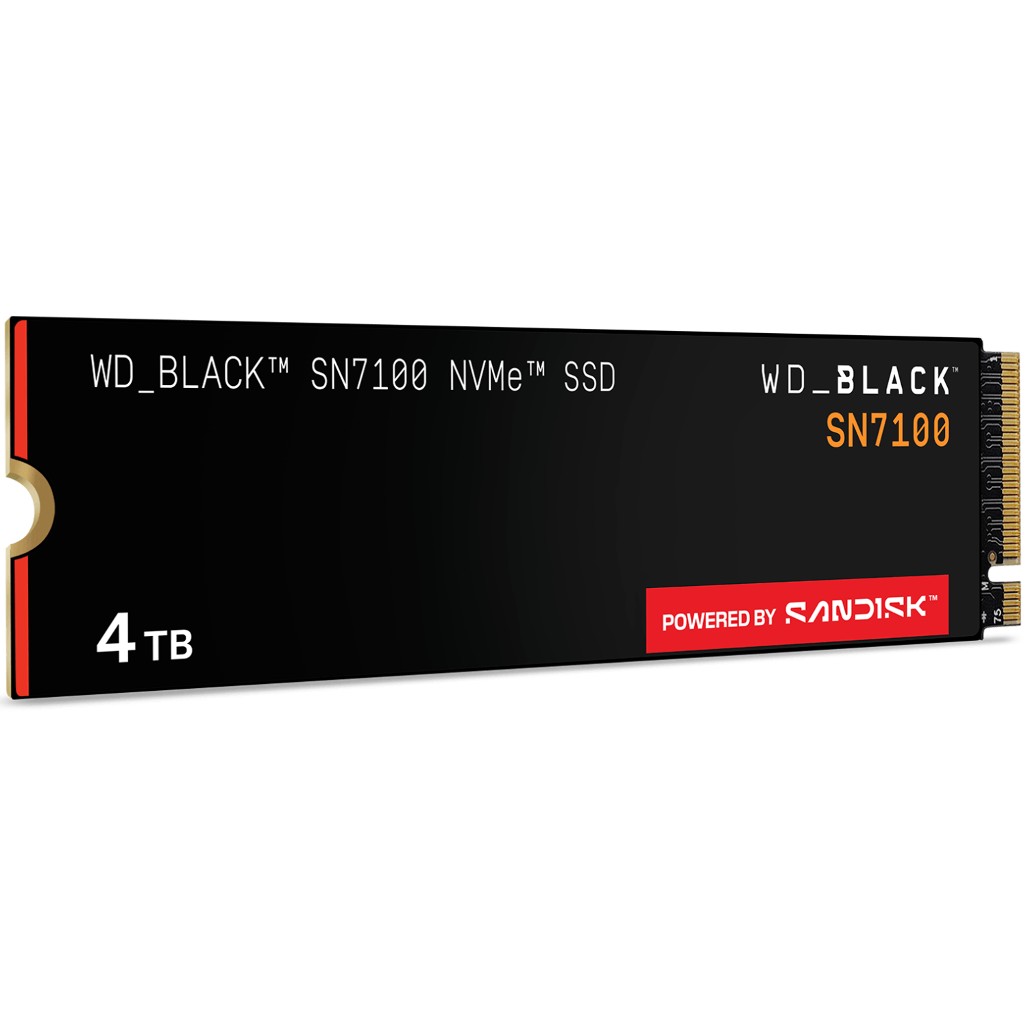 Un SSD NVMe WD_BLACK SN7100 negro, con detalles naranjas y rojos. Tiene '4TB' y 'Powered by SANDISK'.