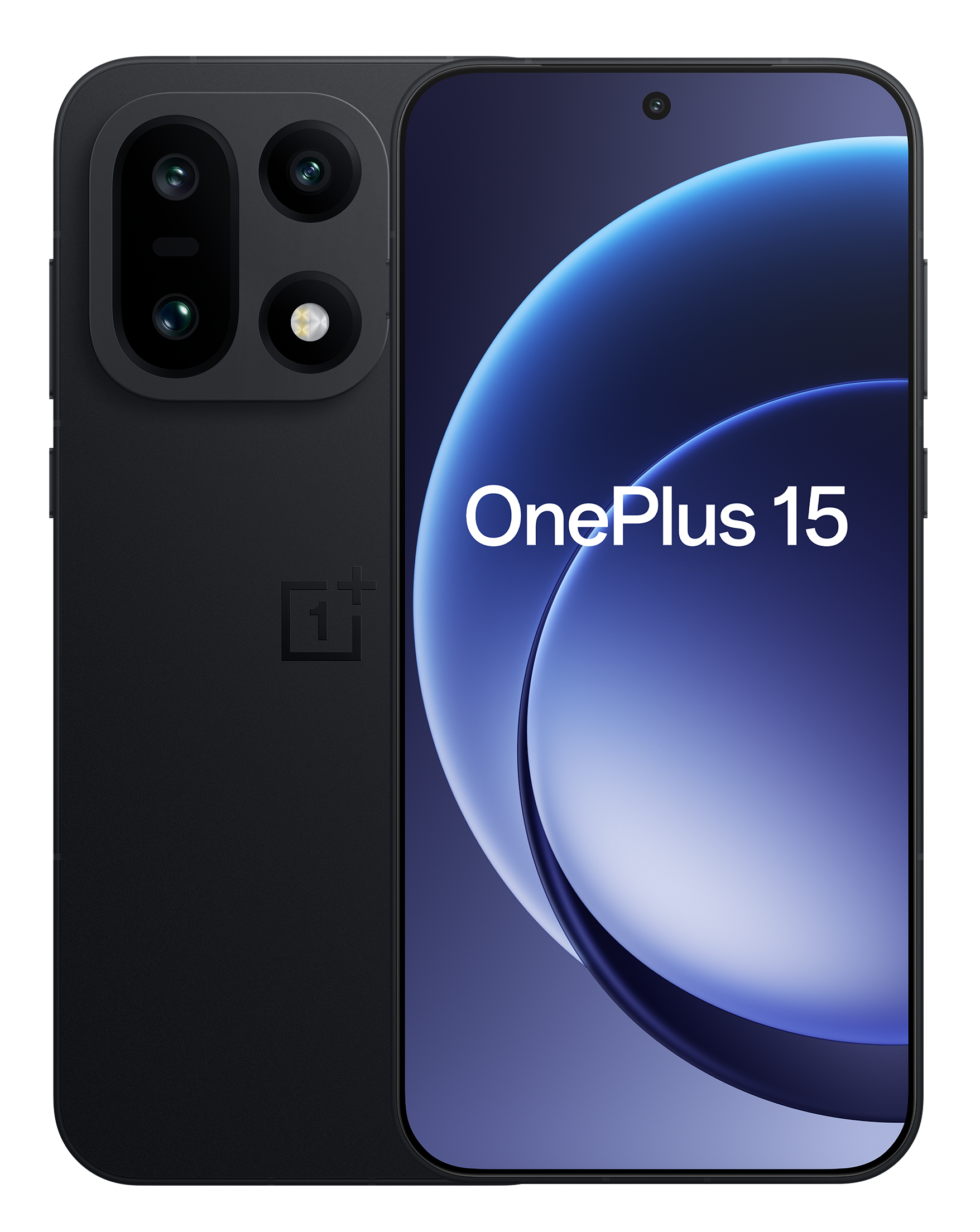 Czarny smartfon z OnePlus 15 na ekranie. Ma zestaw kamer i logo OnePlus z tyłu.