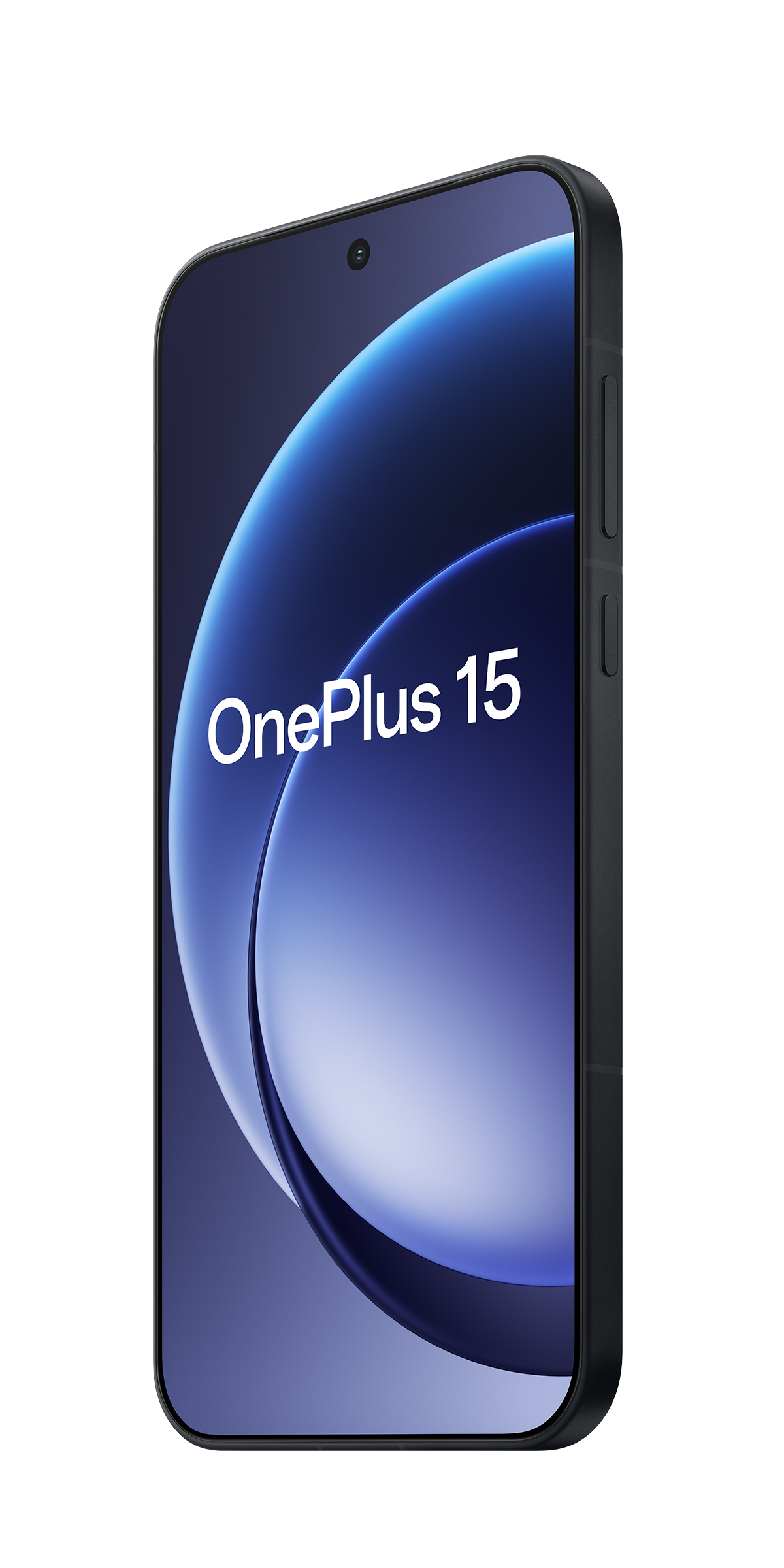 Czarny smartfon z napisem "OnePlus 15" na ekranie. Ekran wyświetla niebieskie i białe gradienty.